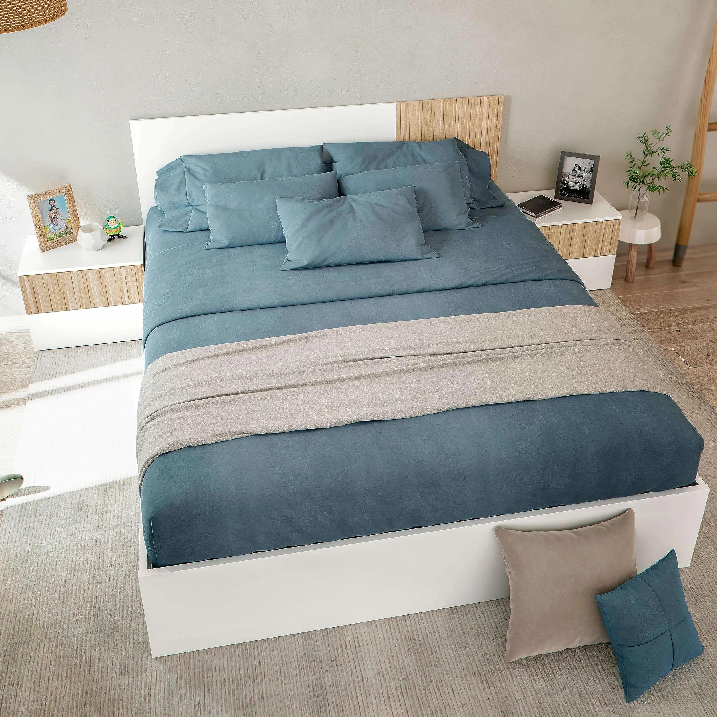Habitdesign Cabezal + 2 Mesitas, 266x91x34 (AnchoxAltoxFondo-en cm), Color Blanco Artik y Natur, Cabezal Reversible y 2 Mesitas, Modelo Ethna