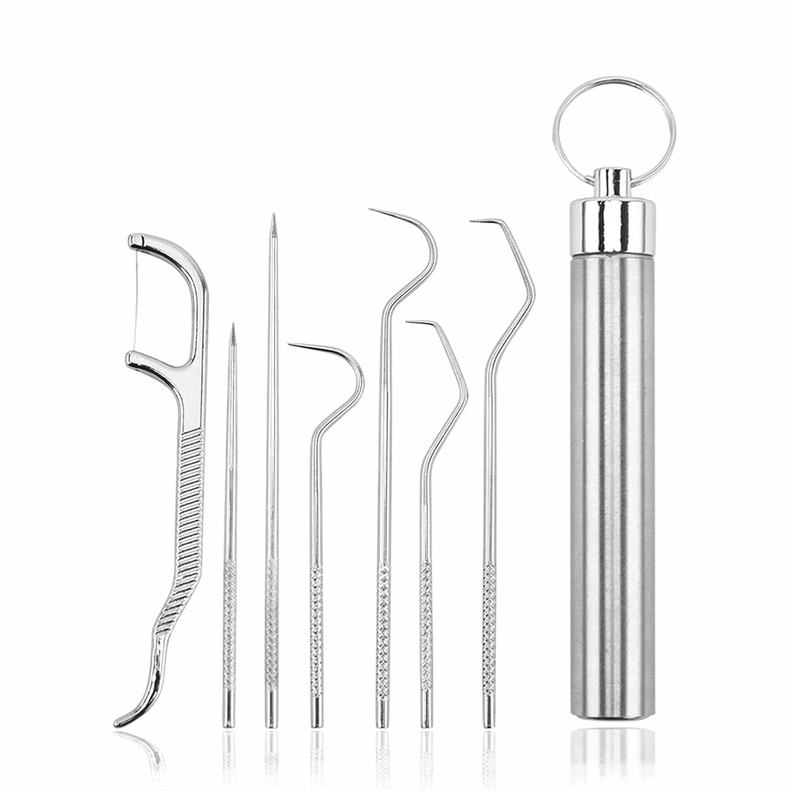 Juego de 7 palillos de dientes de acero inoxidable 304 portátil con tubo