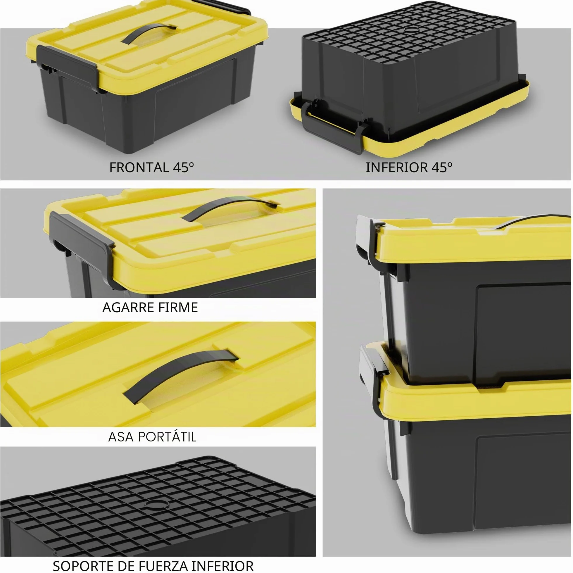 Cetomo 6 cajas de almacenamiento de plástico con tapas, asa y hebillas de cierre, apilable, negro y amarillo, 15