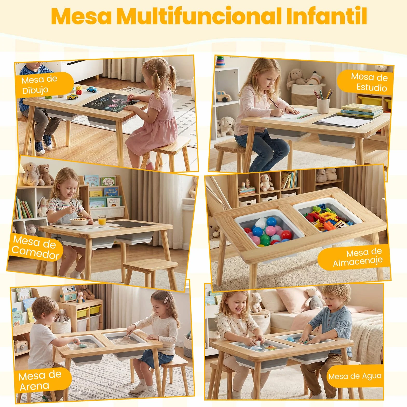 COSTWAY Mesa Sensorial Montessori con 2 Taburetes, Sillas Niños Superficies Doble Faz Desmontables, Cubetas Almacenamiento, Patas Madera Pino