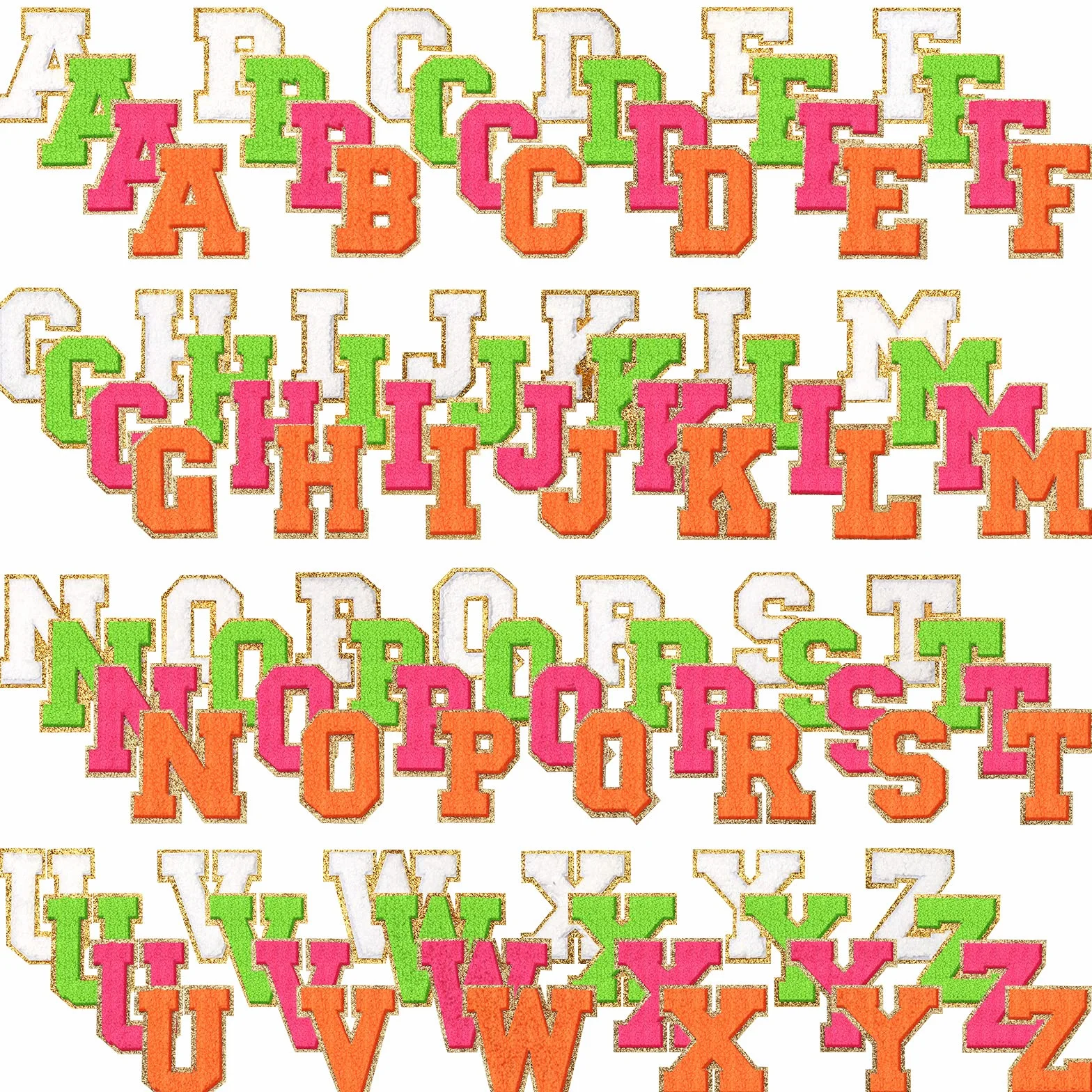 104 parches de letras termoadhesivos de felpilla A-Z, parches bordados de letras para coser con borde dorado para bolsos, camisas (color fresco, 2.36 pulgadas)