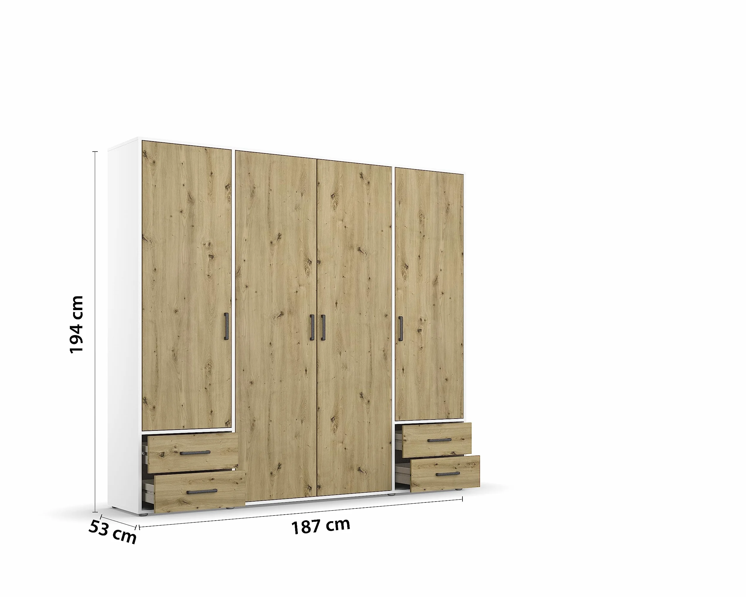 Rauch Möbel Voyager - Armario de 4 Puertas con 4 cajones (Roble Artisan/Blanco Alpino, Incluye 1 Barra para Colgar, 5 estantes, 187 x 194 x 53 cm)