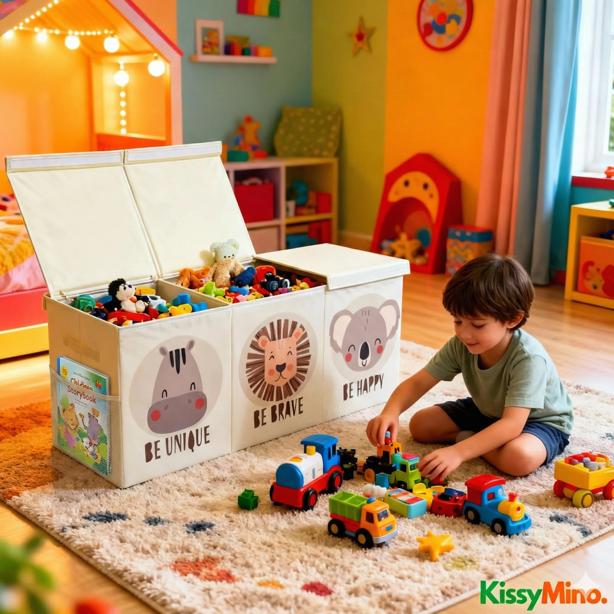 Baúl almacenaje juguetes infantil XL con tapa plegable, Organizador juguetero beige