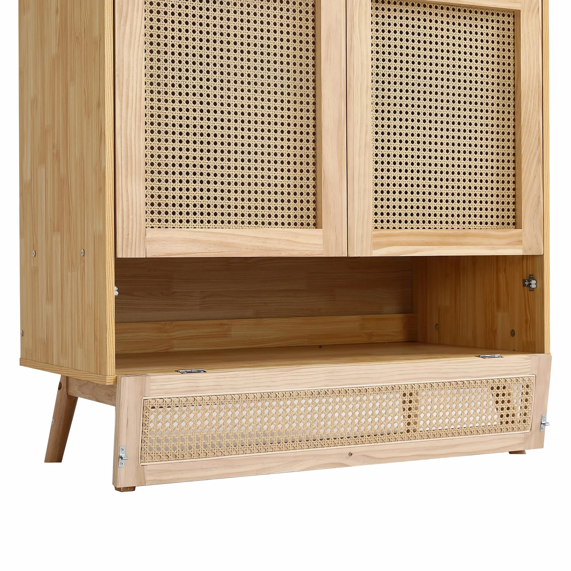 Moimhear Armario con barra, 90 x 45 x 183 cm, armario de 2 puertas, dormitorio, red de ratán, con tapa inferior abatible, tablero de partículas + ratán sintético