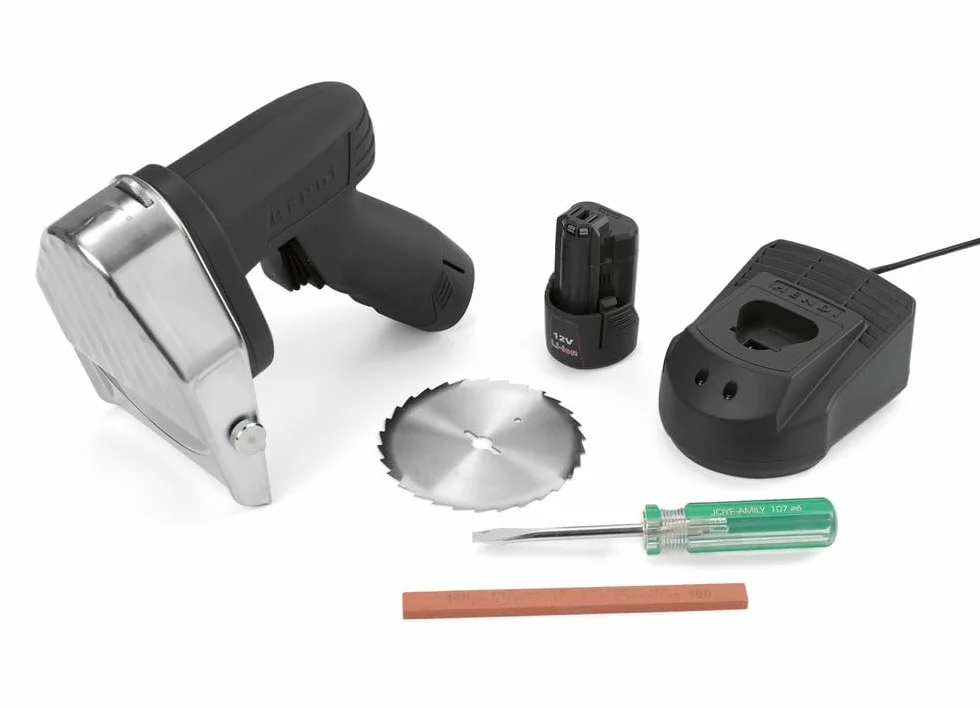 HENDI Cortador cuchillo inalámbrico para kebab, shawarma, gyros, espesor de corte ajustable 0-8mm, cuchilla: 2600 rpm, 2 baterías de 2000mAh, 80W, 60kg/h, 240V, 199x125x(H) 184mm, acero inoxidable