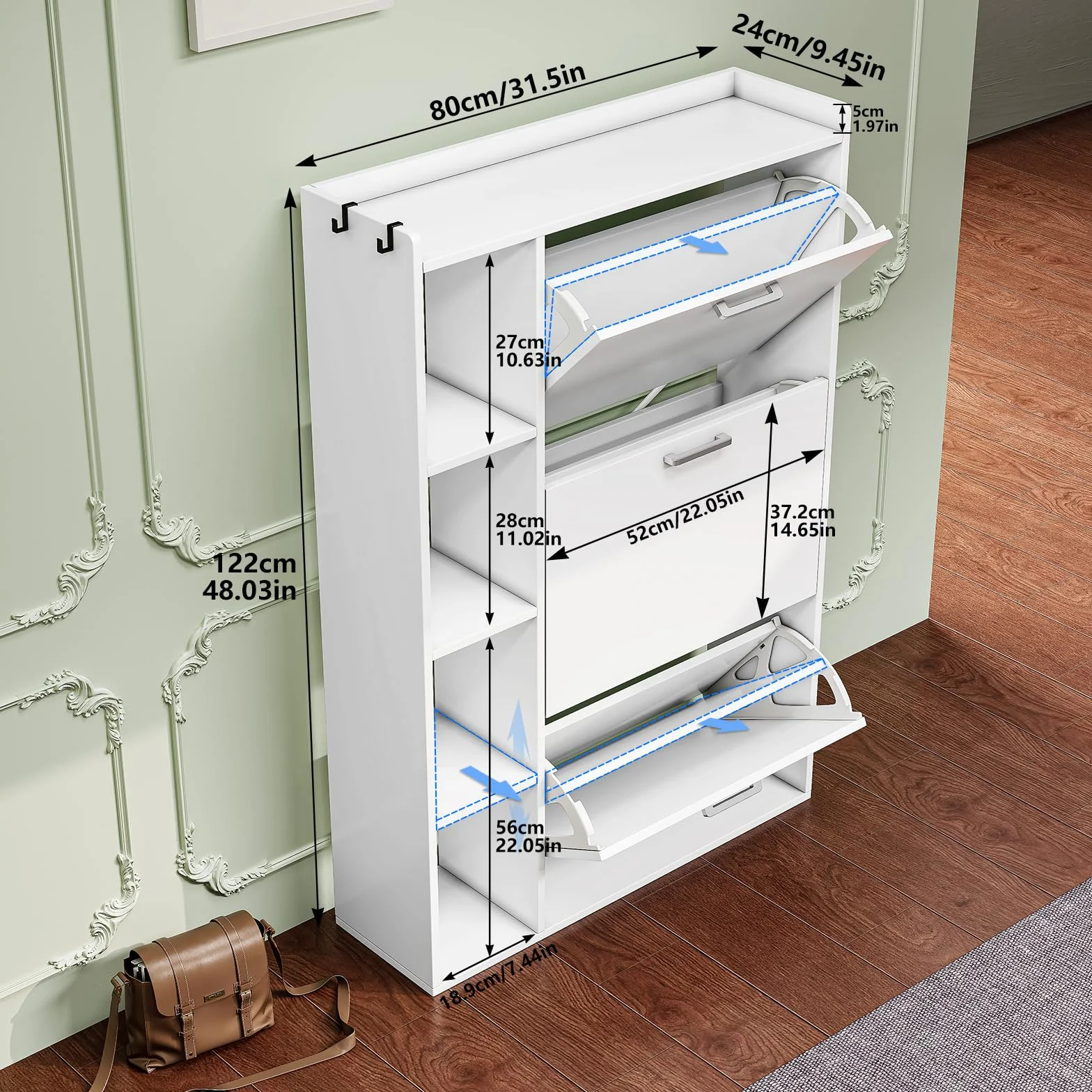 Zapatero Estrecho Recibidor Mueble Zapatero 3 Puertas con 4 Compartimentos de Almacenamiento para 18-24 Pares de Zapatos，para Sala de Estar, Pasillo de Entrada, 80x24x122cm Blanco