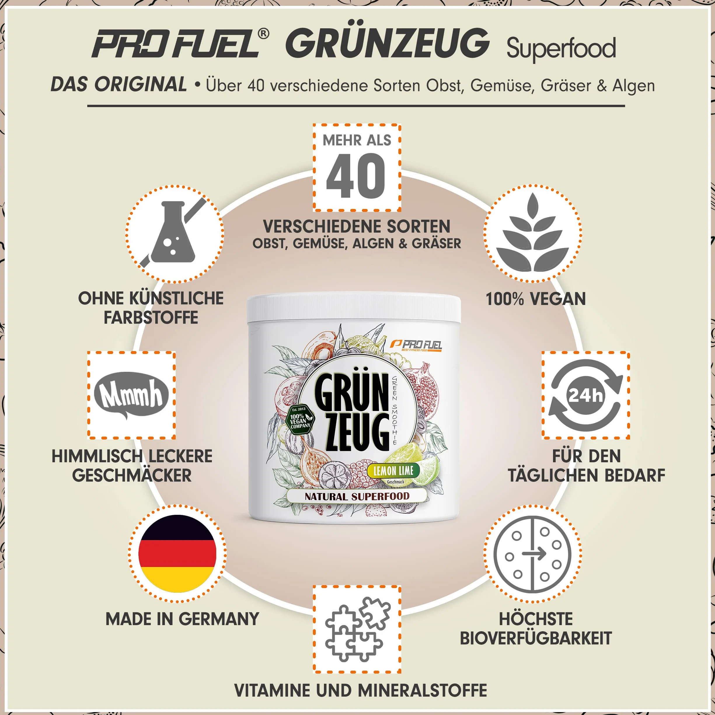 ProFuel Grünzeug Superfood Smoothie Pulver, 300 g Dose (Lemon Lime)