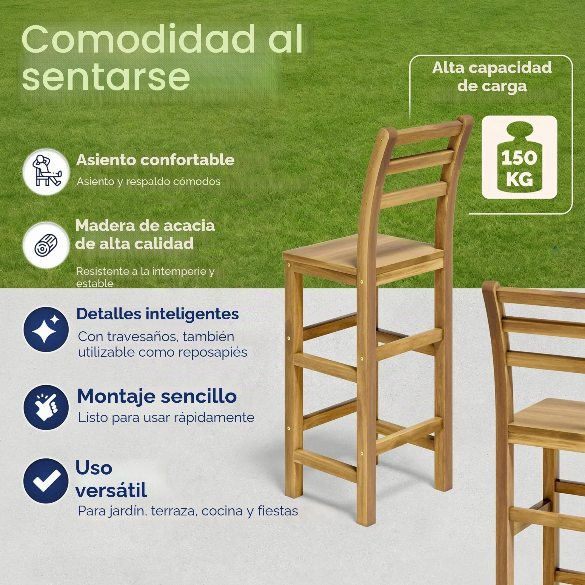 CASARIA® 2X Taburetes de Bar Altos con Respaldo Altura de Asiento 75cm Madera de Acacia Sillas de Cocina