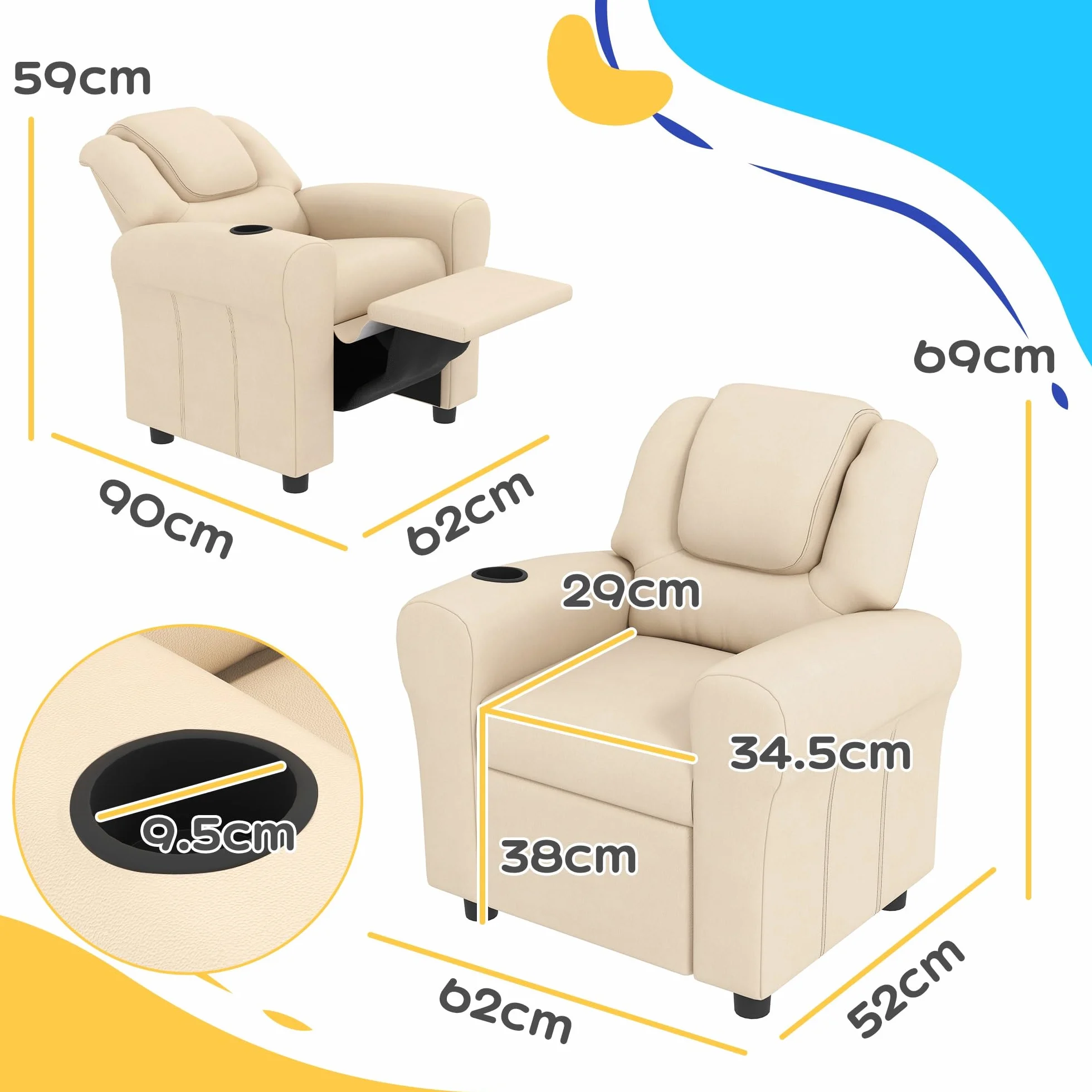 HOMCOM Sillón reclinable de piel sintética para niños con respaldo ajustable, reposapiés y portavasos, beige