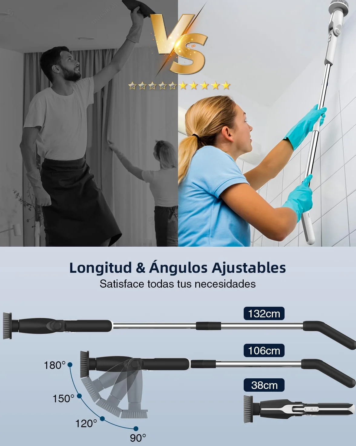 Leebein Cepillo Eléctrico Limpieza Hogar, Fregadora Giratoria Eléctrica con 8 Cepillo Reemplazables, Control Remoto, 2 Velocidades de Rotación y Mango Ajustable 38-132CM para Baño/Cocina/Coche