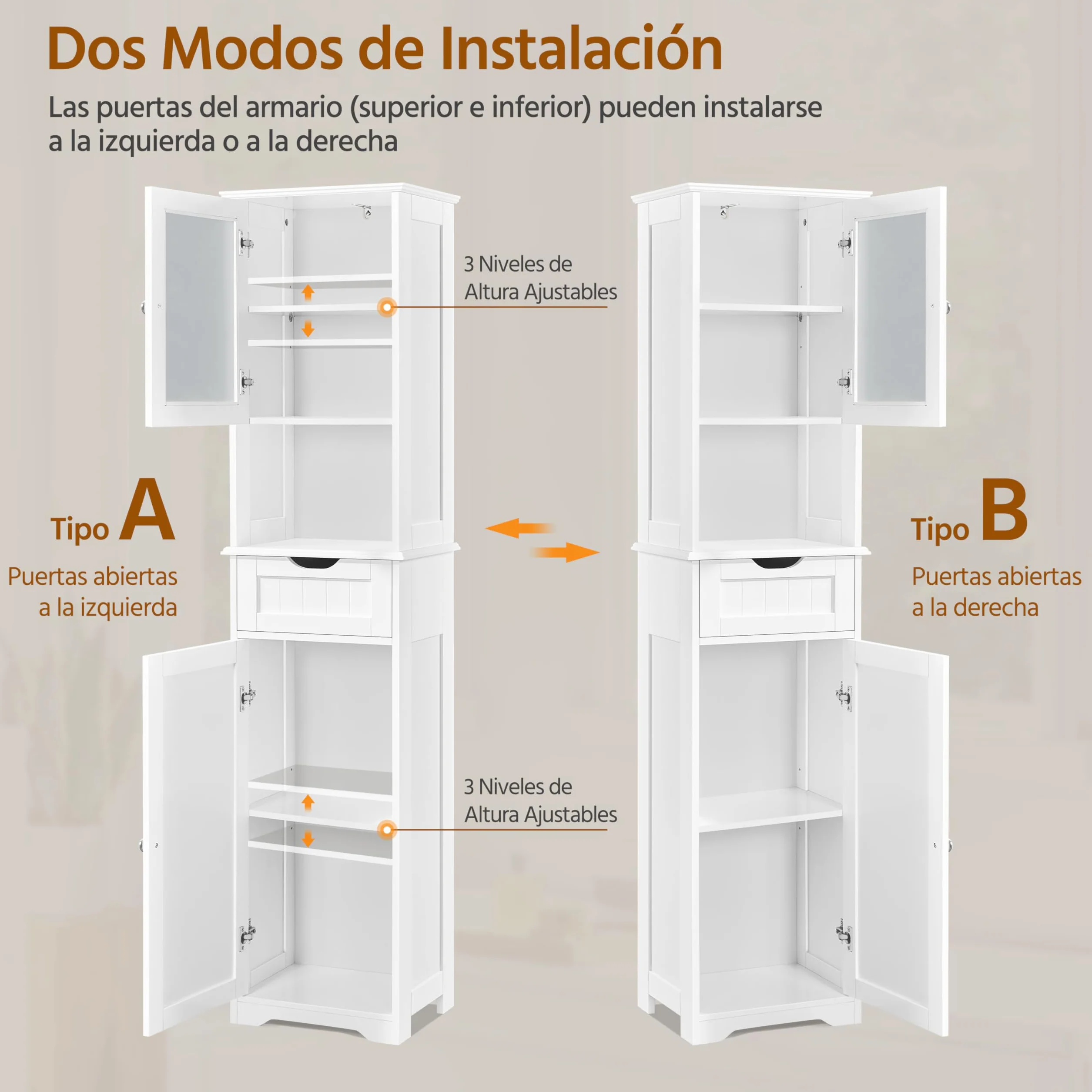 Yaheetech Armario Baño con Puerta de Cristal 40x30x170 cm Blanco