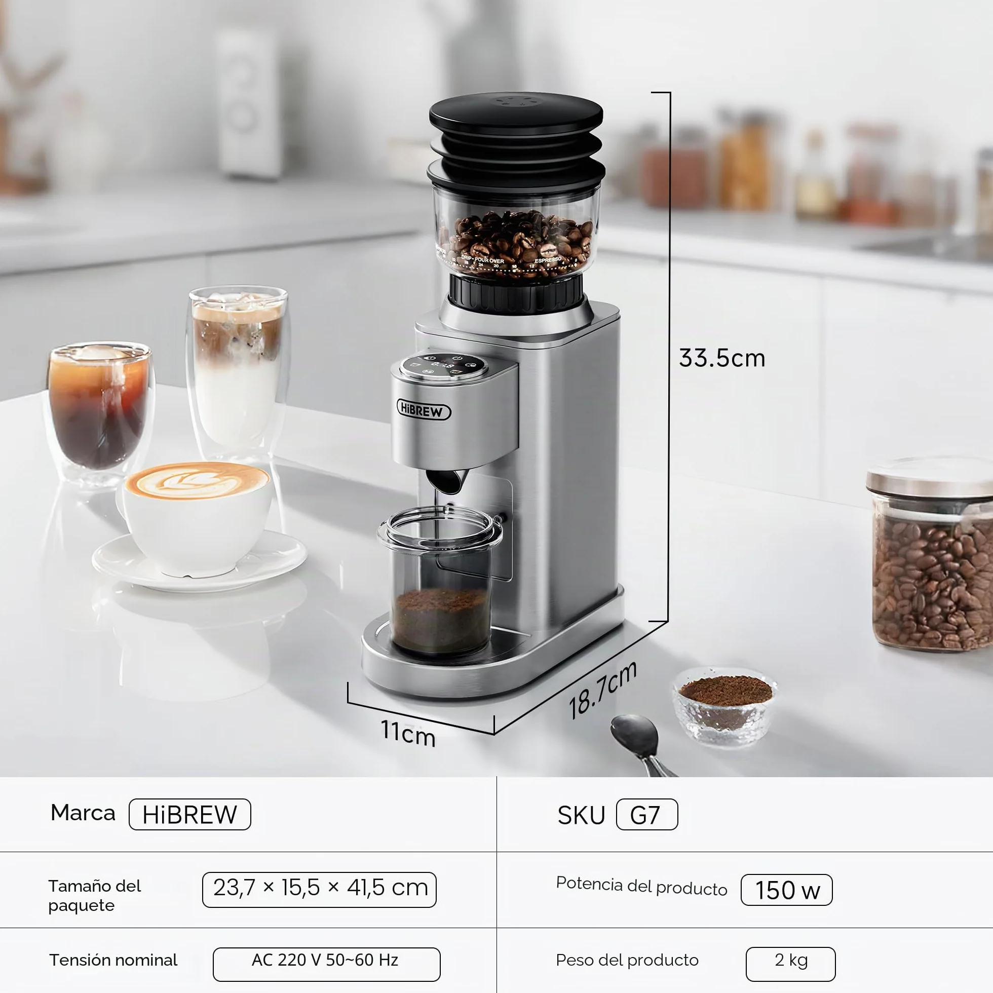 Molinillo de café eléctrico HIBREW G7-48 ajustes precisos para espresso/filtro/café, control de porciones y antiestático, molinillo cónico para café recién molido