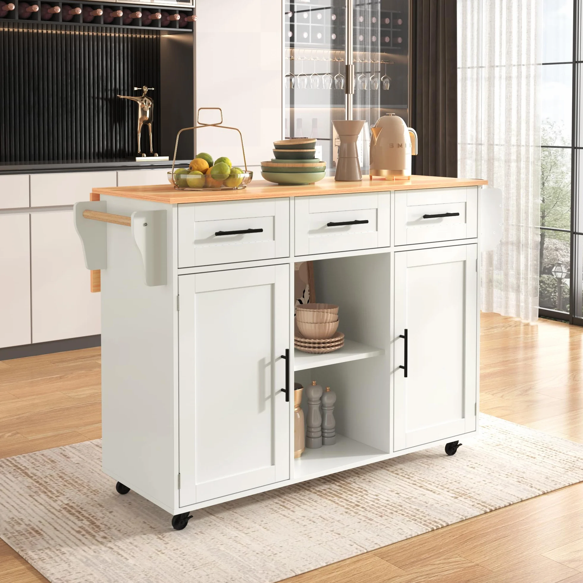 LAKFEW Isla Cocina con 5 Ruedas y Mesa Plegable, Aparador Cocina con 2 Puertas y 3 Cajones, Mueble Auxiliar de Cocina Isla de Cocina con Estantes Ajustables y Toallero, 139x46(71) x91.5 cm, Blanco