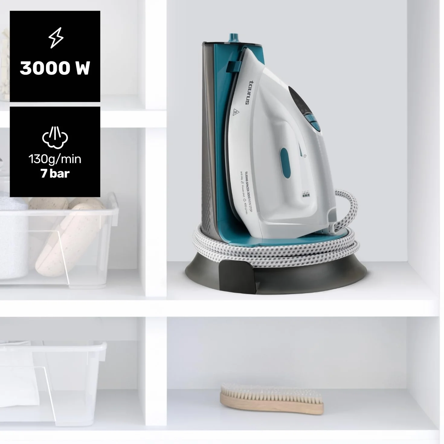 Taurus Sliding Spacex 3000 Non Stop - Centro de planchado compacto, calentamiento en 30s, golpe de vapor 400g/min, vapor continuo de 130g/min, depósito extraíble de 1.3L, suela cerámica