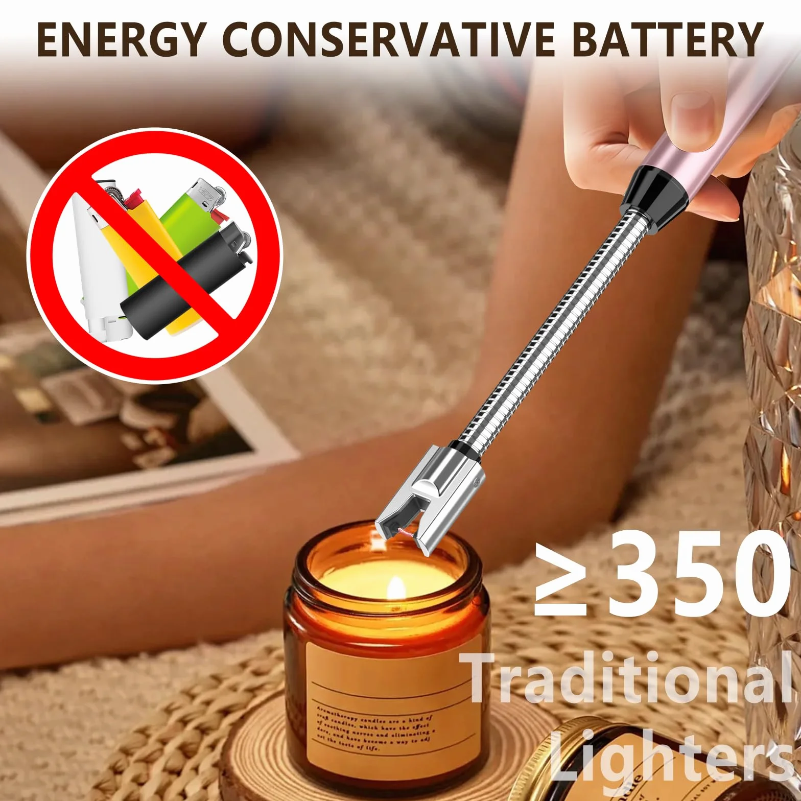 Encendedor Electrico USB Mechero, GeeRic Encendedor de Arco Eléctrico Recargable con Indicador LED, Recargable Mechero de Velas para Cocina de Gas,Chimenea, Barbacoa（Oro Rosa）
