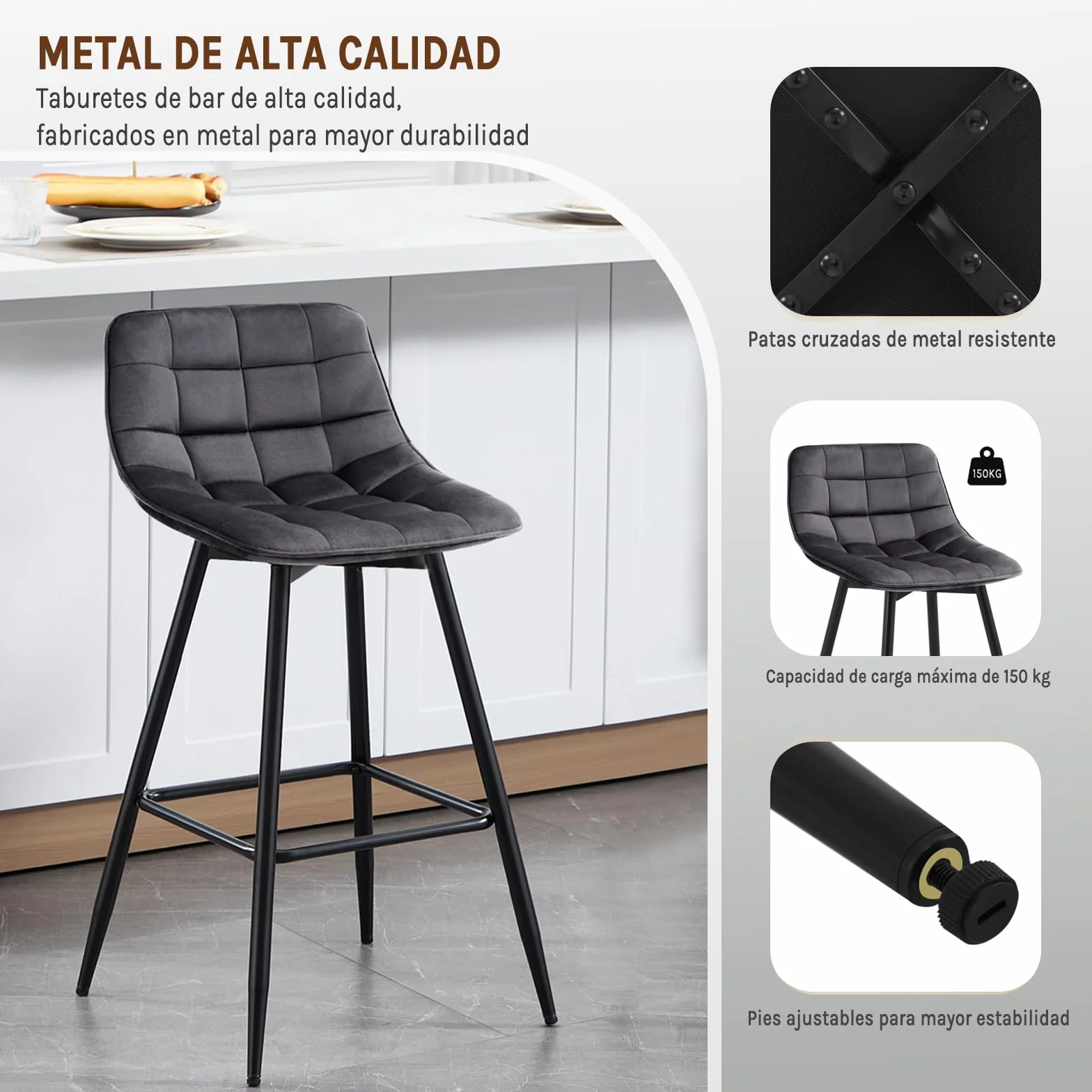 WOLTU Taburete de Bar Juego de 2 con Respaldo de Marco de Metal Asiento, Terciopelo, Gris Oscuro