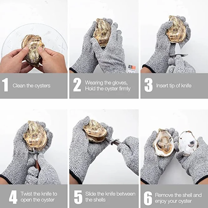 Juego de cuchillos para ostras y guantes anticortes, sacacorchos para ostras de acero inoxidable con guantes, clase de protección 5 (L), para conchas o quesos duros