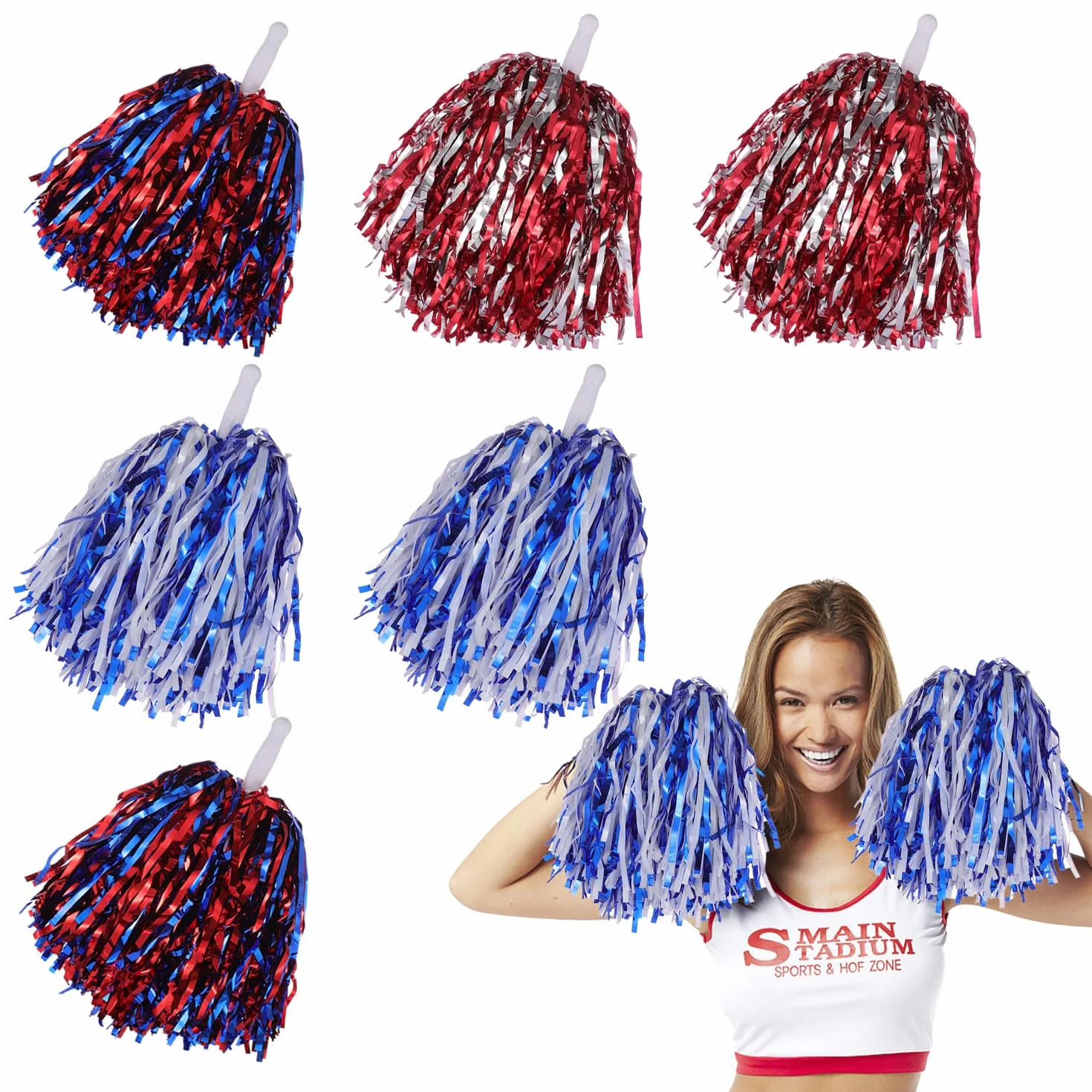 Pompones Animadora 6 Piezas con Asa Azul y Blanco Rojo y Plata Rojo y Azul para Eventos Deportivos