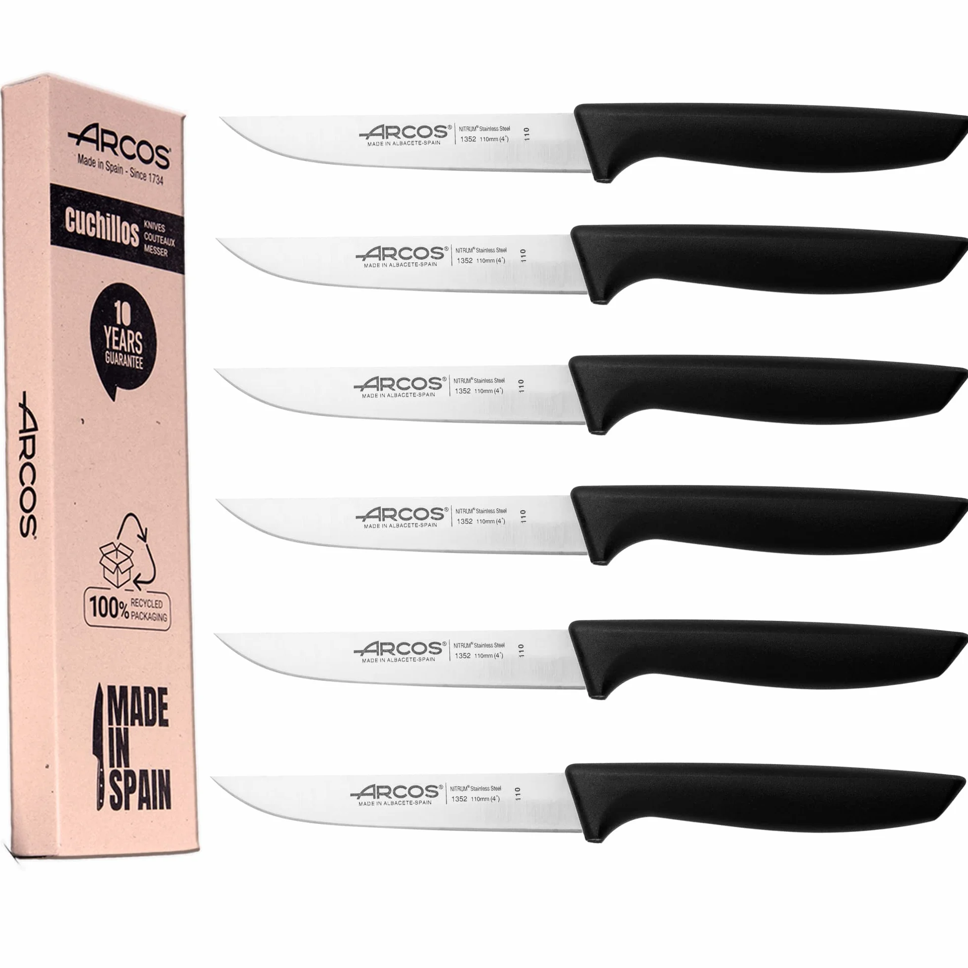 Arcos Series Niza - Juego de Cuchillos Cocina, 6 Piezas, Cuchillos Verduras 110 mm, + Cuchillo Mesa, Envase 100% Ecológico, Acero Inoxidable NITRUM