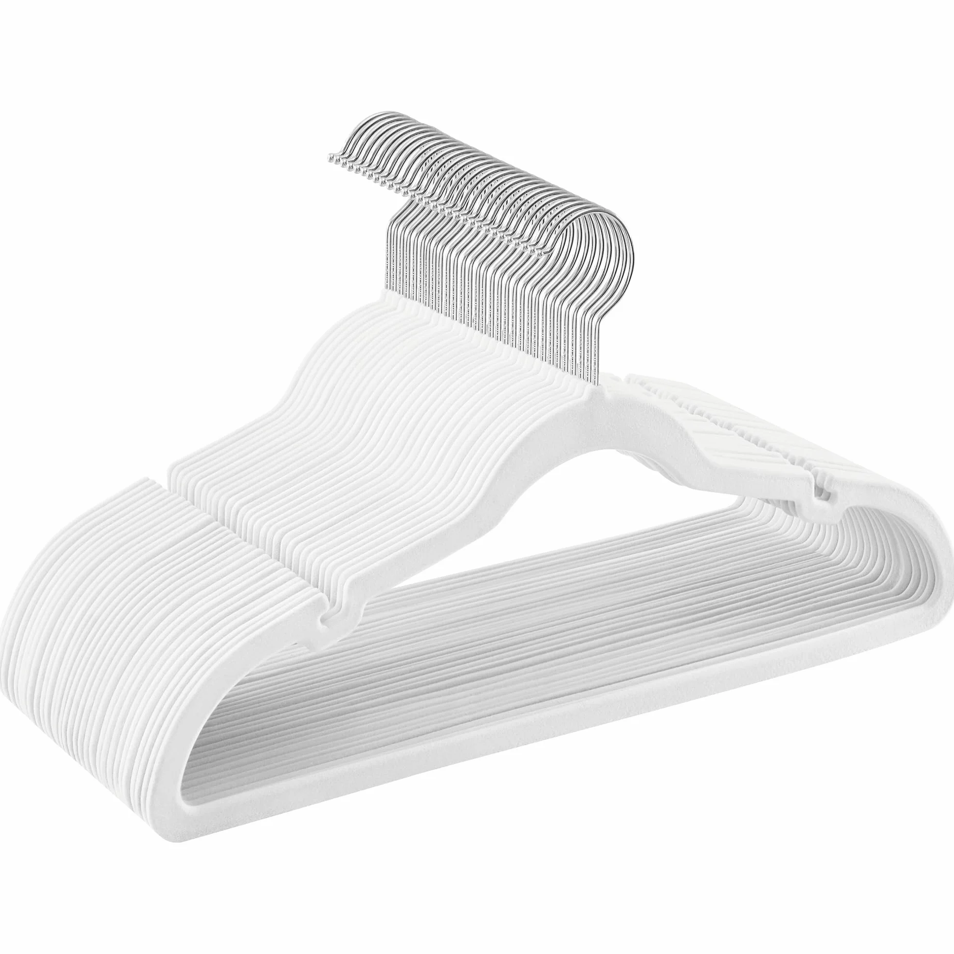 SONGMICS Perchas de Terciopelo Juego 30 Piezas Antideslizantes Ranuras Hombros Barra Pantalones Gancho Giratorio 360° 0,6 cm Grosor 43 cm Largo Blanco