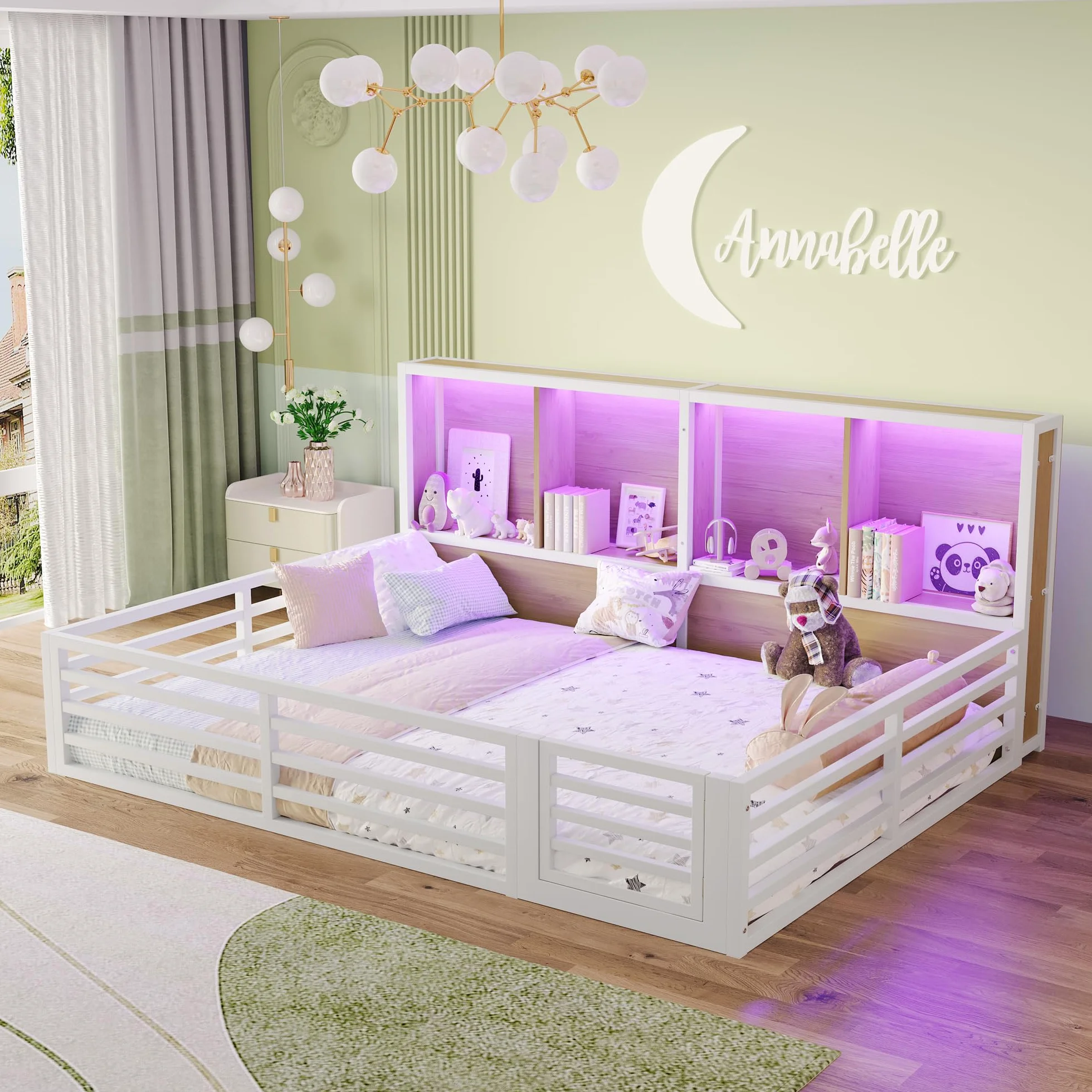 Montessori - Cama infantil (140 x 200 cm, con protección anticaída y somier, cama de casa con 4 compartimentos de almacenamiento, iluminación LED y puerta), color blanco, 140 x 200 cm