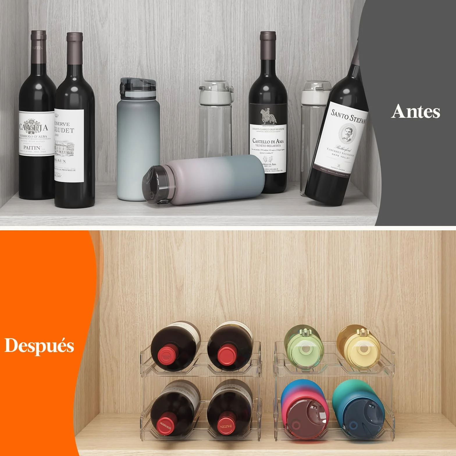 Lifewit Botellero apilable de plástico para Nevera, Armario, encimera, Soporte para Botellas de Vino, Organizador de Botellas de Agua para Nevera, despensa, Capacidad para 4 Botellas,Transparente