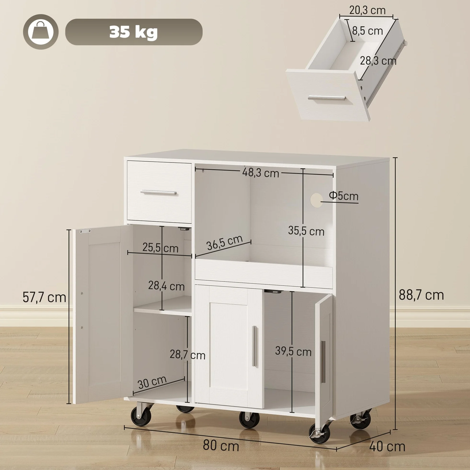 HOMCOM Mueble Auxiliar de Cocina con Ruedas, Aparador de Cocina para Microondas con Bandeja Deslizante, Cajón, 3 Puertas, Estante Ajustable y Orificio para Cables, para Salón, 80x40x88,7 cm, Blanco