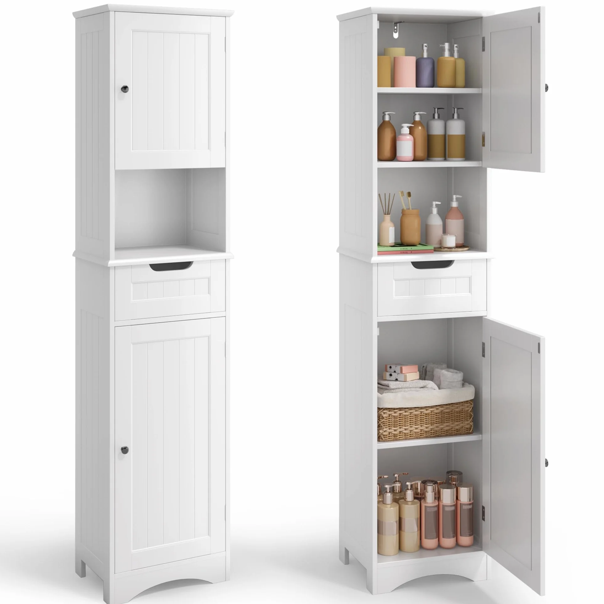 Mueble de Baño Alto 170cm Blanco 30x40cm con Cajón y Puertas Estante Antivuelco