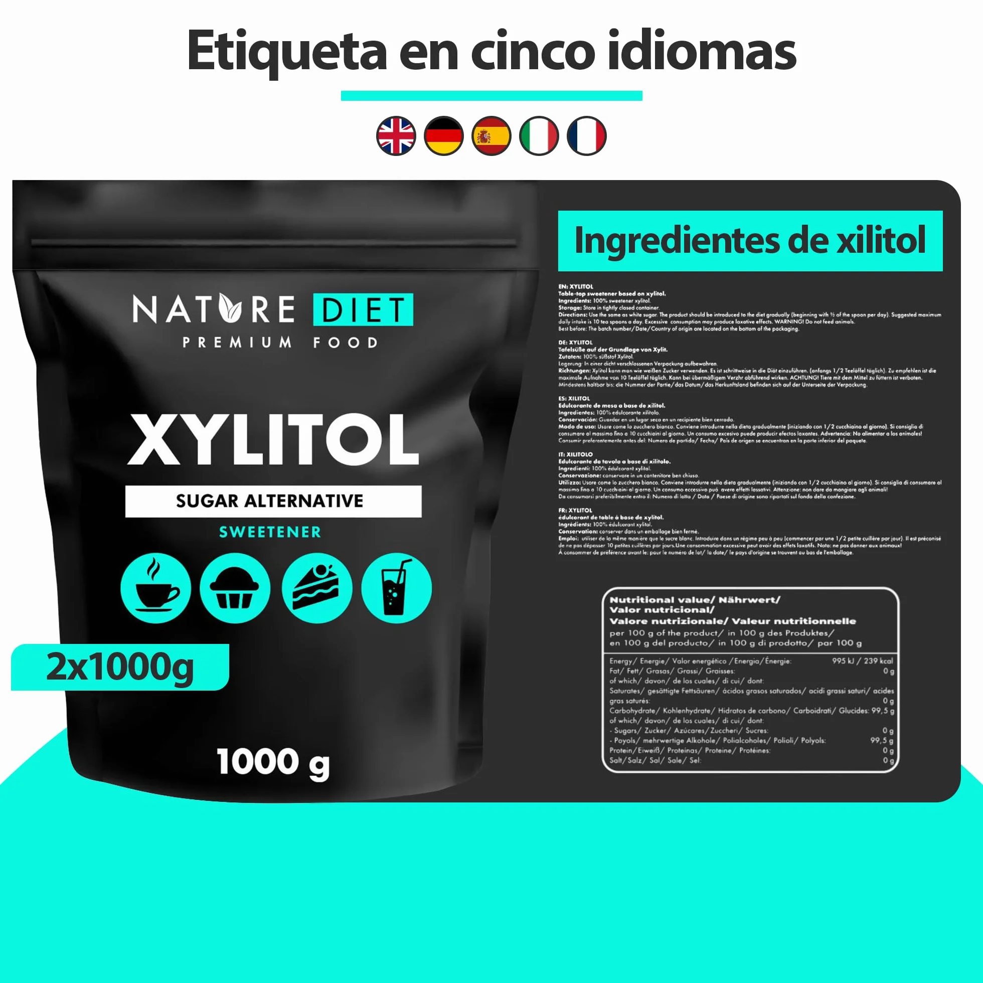 Nature Diet Xylitol 2 x 1 kg Sustituto del Azúcar Edulcorante de Origen Vegetal Bajo Índice Glucémico