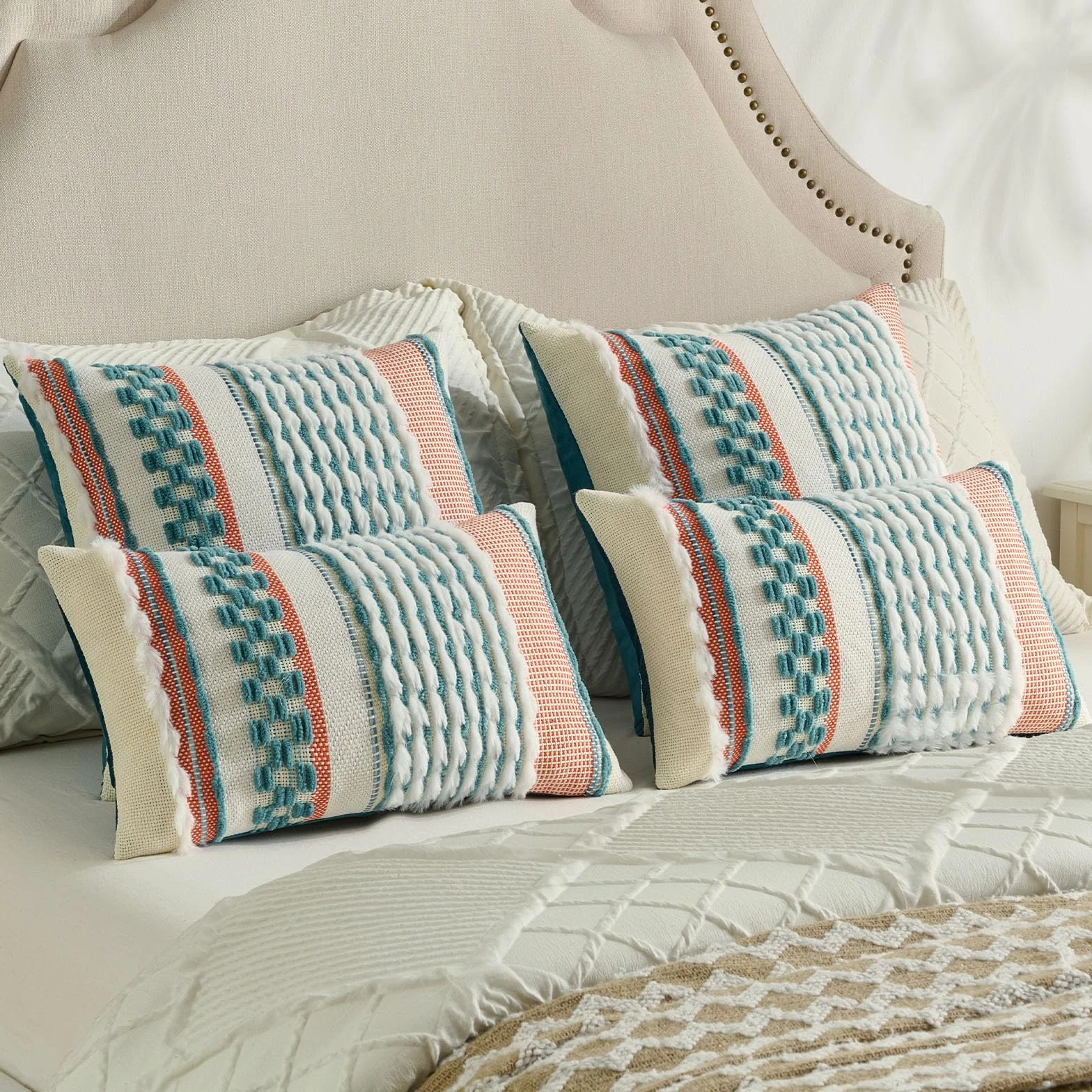 Ystyle Juego de 2 Boho Funda Cojin 50x50, Fundas Cojines Decorativa con Rayas y Textura Tufted Suave, Fundas de Cojines para Decoración del Hogar Sofá Dormitorio, Cian