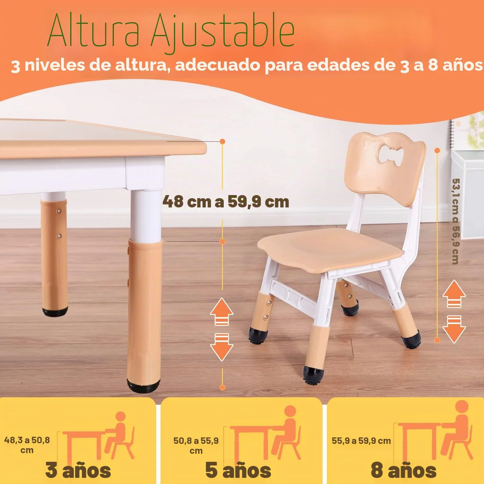 FUNLIO Mesa Infantil con 2 Sillas para Niños de 3 a 8 años, Mesa Niños Infantil de Altura Ajustable, Escritorio Niño Fácil de Limpiar, para Aulas/Hogares, Aprobado por CPC y CE (3 Piezas)