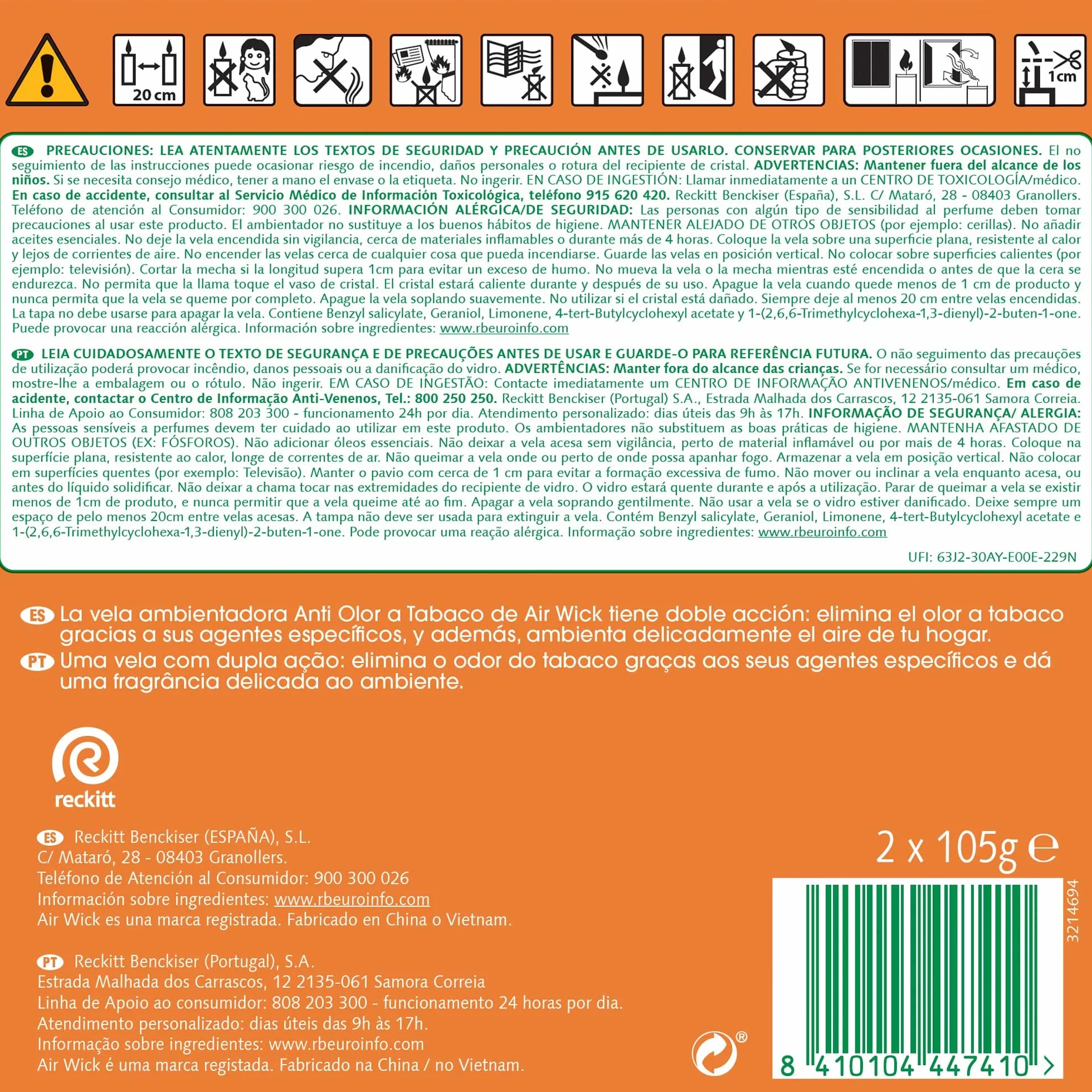 Reckitt Air Wick AntiTabaco Velas aromáticas perfumadas antiolores, ambientador esencia para casa con aroma afrutado - Megapack 12 unidades