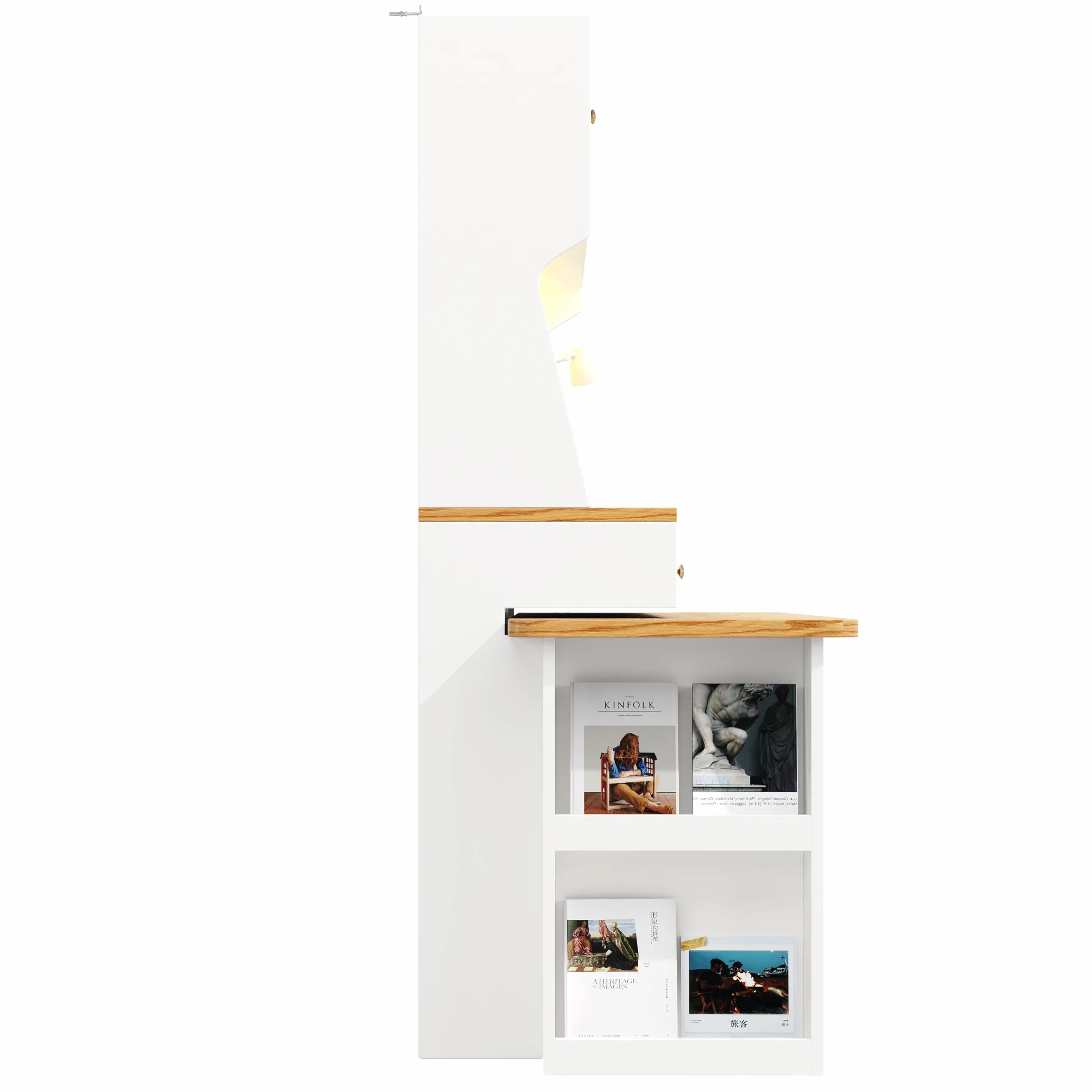Moimhear Armario de cocina (137x45x178 cm), buffet de cocina alto, buffet multiusos, armario de mesa, armario de almacenamiento con dos puertas y tres cajones, blanco+madera