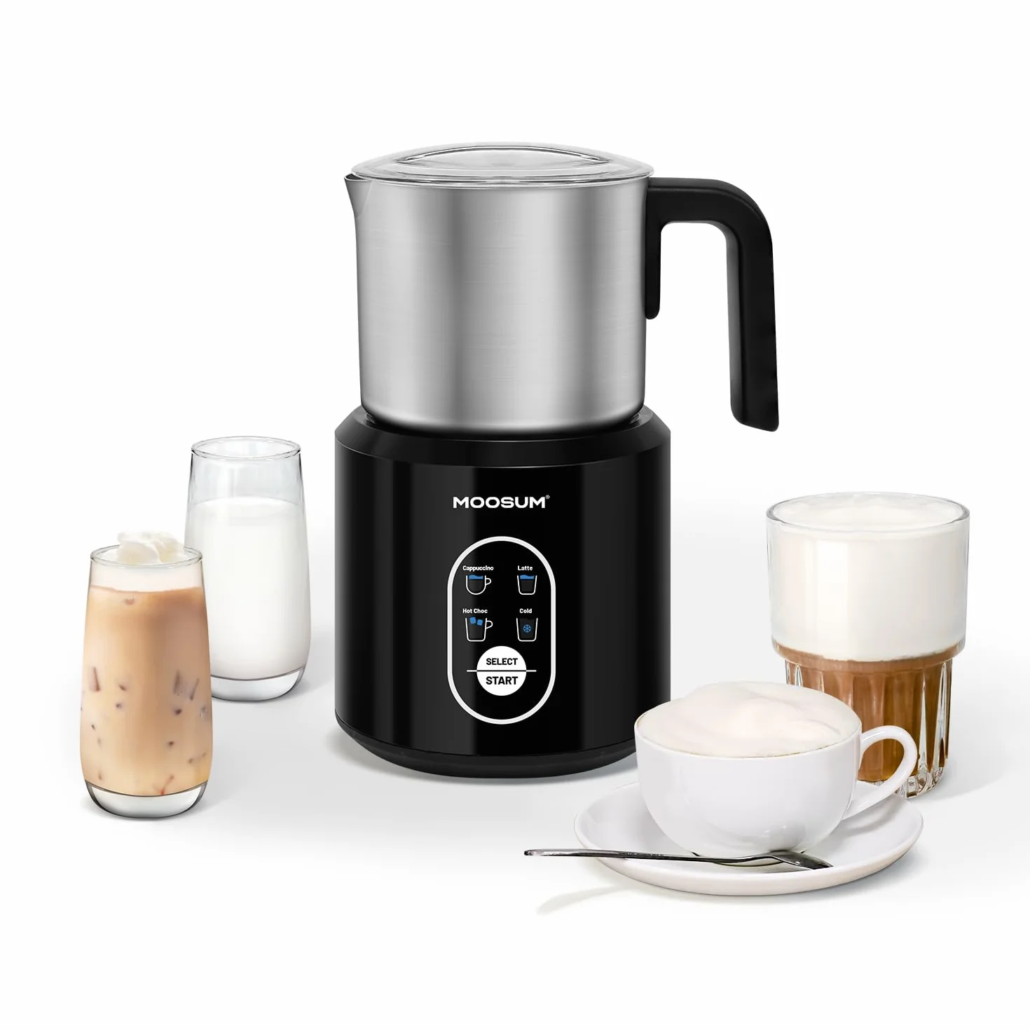 Espumador de Leche 500ml Eléctrico, Hacedor Automático de Espuma Caliente y Fría, Calentador de Leche, Máquina de Chocolate Caliente, Acero Inoxidable de Grado Alimentario,Acero inoxidable