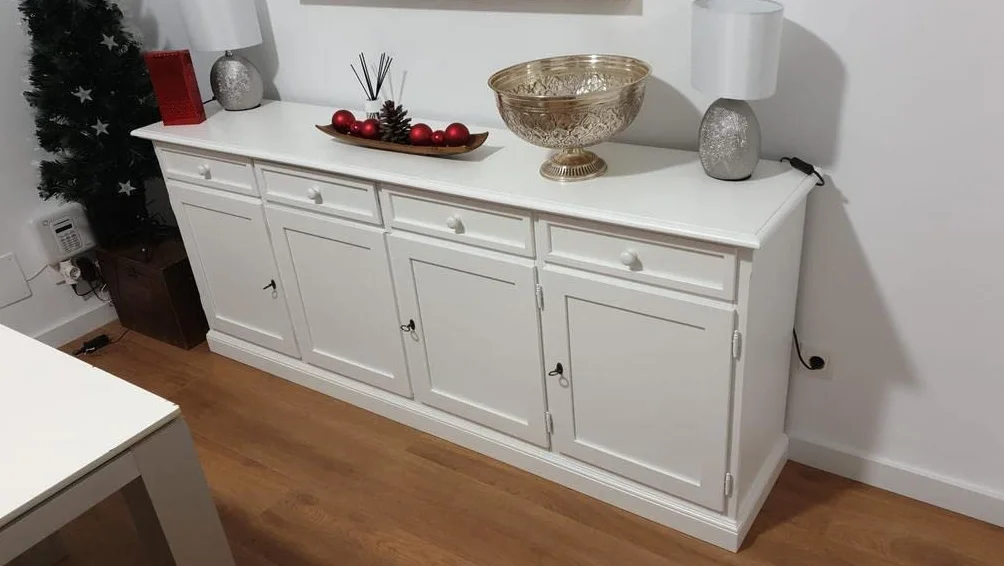 Mar.c.a. Design, Aparador Blanco, Aparador Cocina de Madera con 4 Cajones y 4 Puertas - Mueble TV Salon 205x42x86H - Mueble Salon y Cocina, Mueble TV Blanco para Varios Ambientes y Usos, Made in Italy