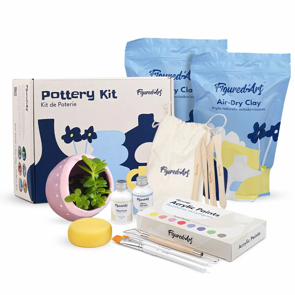 Figured'Art Kit Arcilla de Secado al Aire Cerámica para principiantes. Sin necesidad de cocción, Autoendurecible 100% lista para usar todo incluido: Herramientas, Pinturas, Pinceles, Barniz y Tutorial
