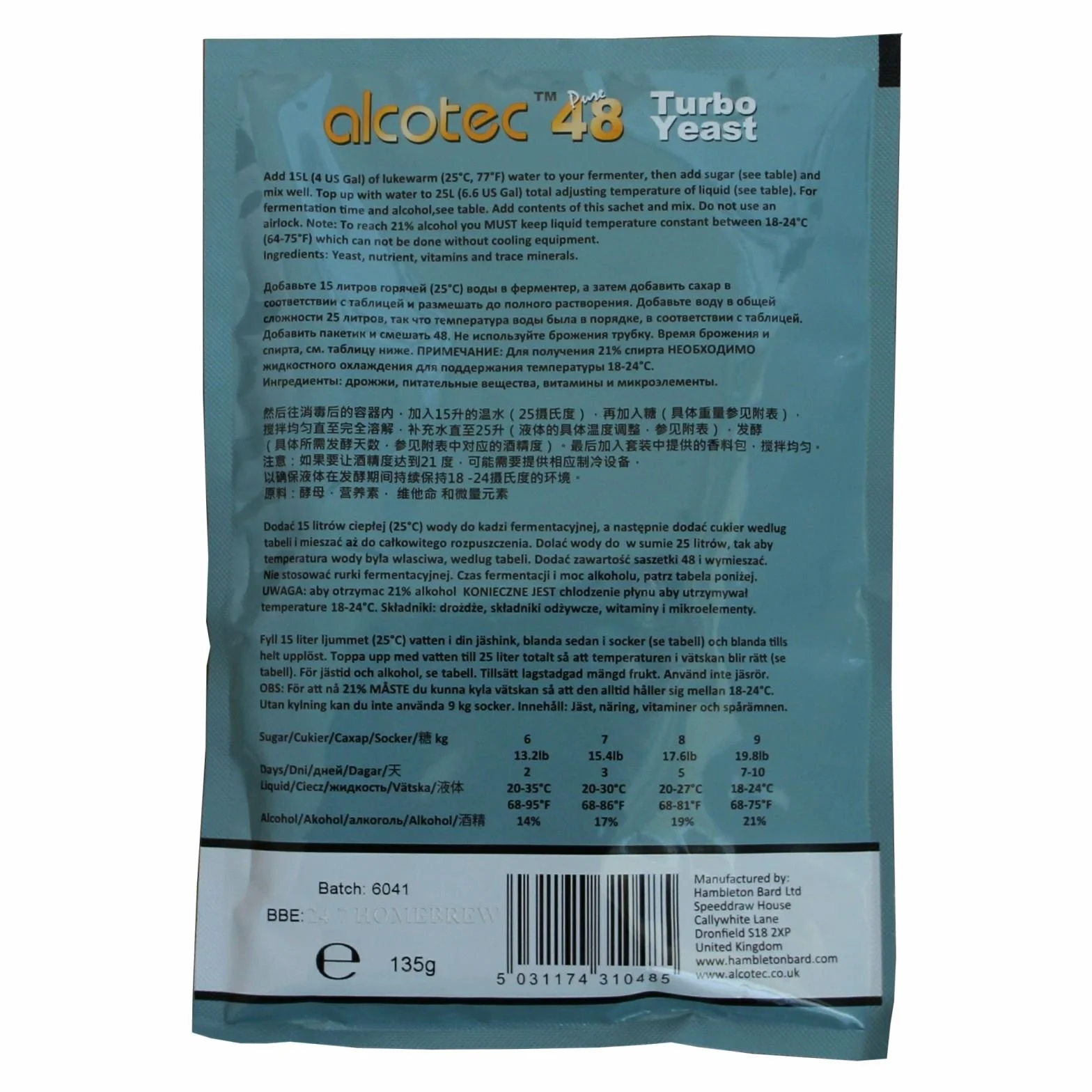 Alcotec 48 paquetes levadura turbo pura alto contenido alcohol 20% vodka casero