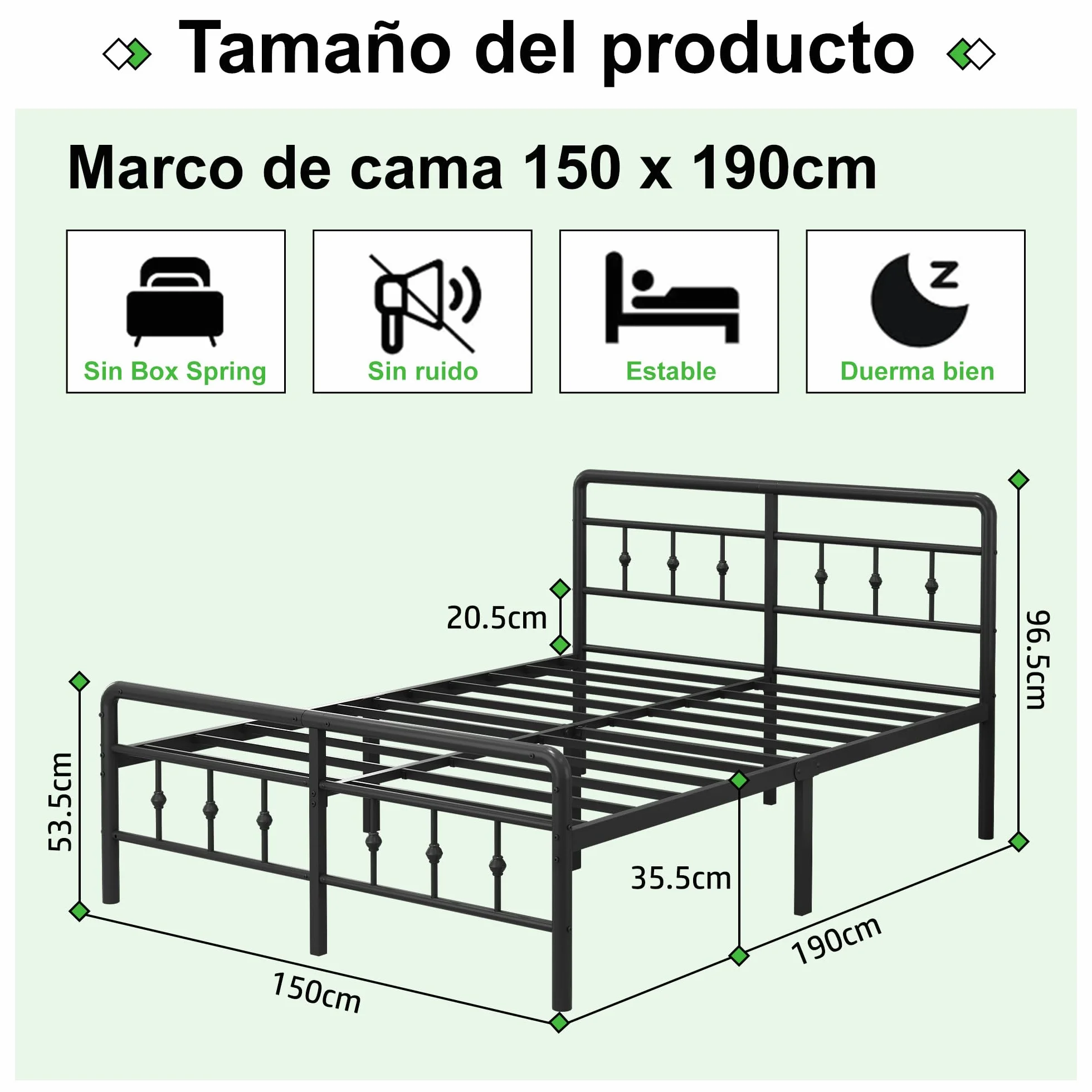 EMODA Cama Matrimonio 150x190 con Cabecero y Piecero, Marco de Almacenamiento 36cm Negro