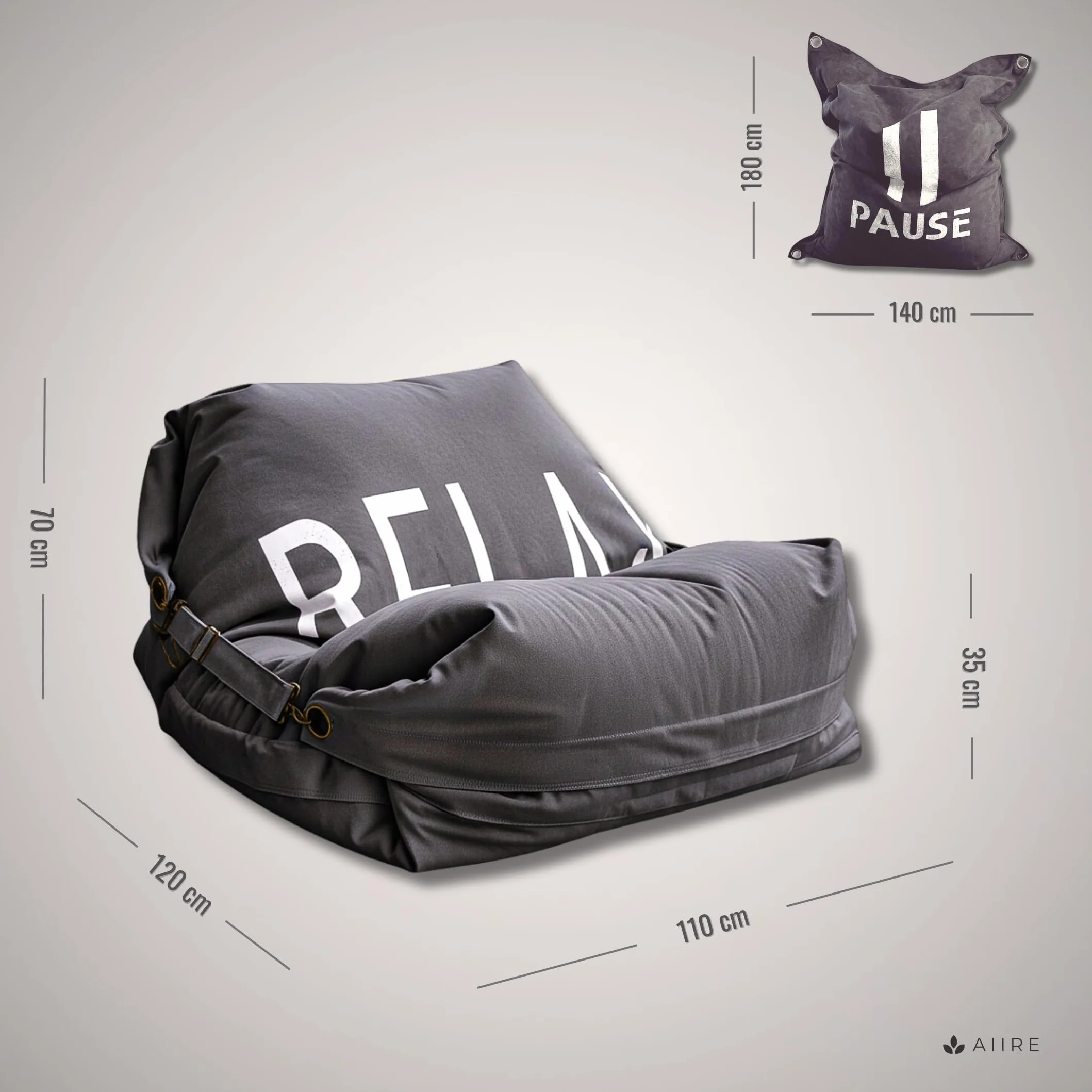 Aiire Sillón Puff Gigante de Diseño - [180x140] Sofa Puf con Relleno Incluido XXL - Bean Bag Chair Salon para Jóvenes y Adultos Moderno - Lavable y Desenfundable - Cojin de Suelo Grande Pause Gris