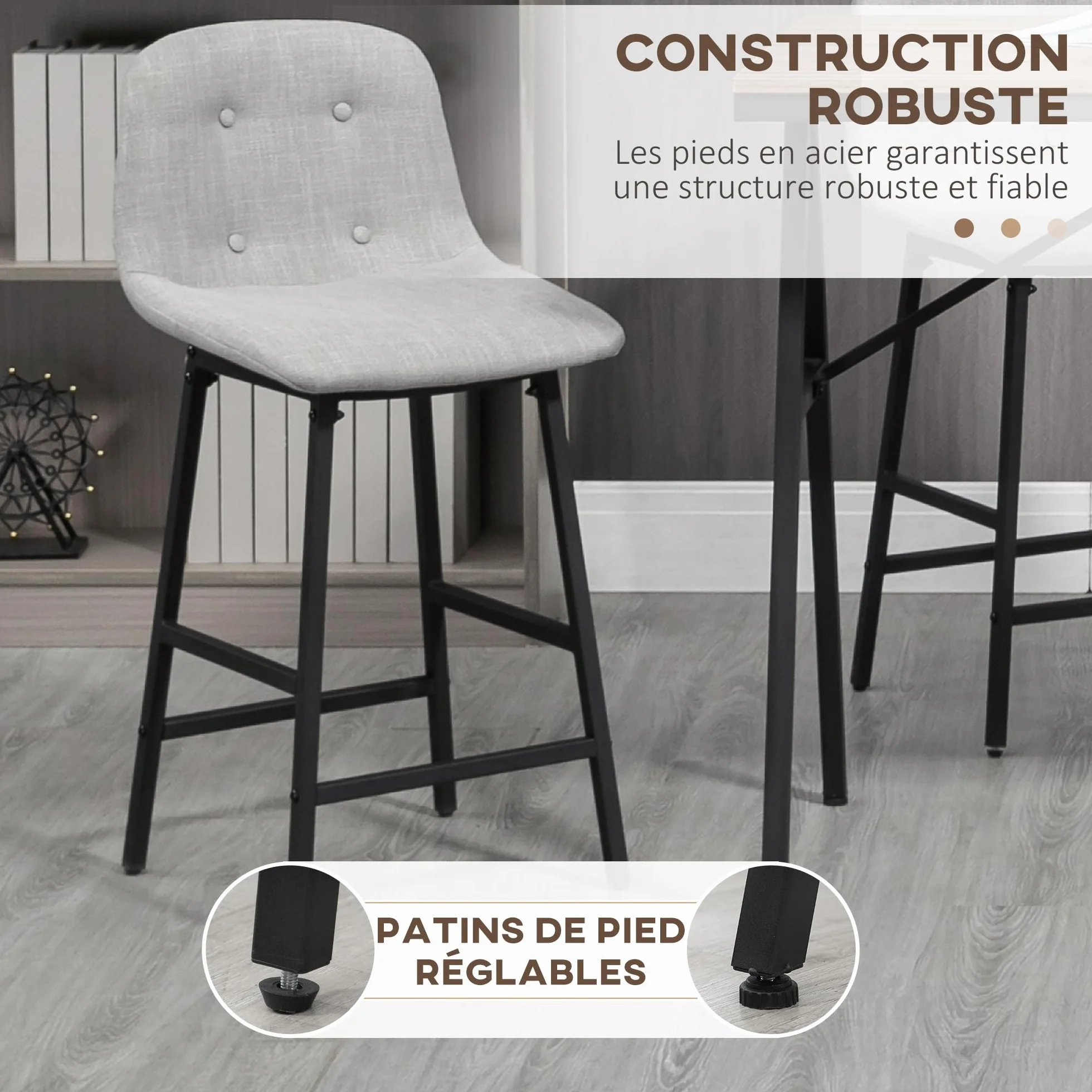 HOMCOM - Conjunto de mesa de bar con taburetes, mesa de comedor de pie con 4 sillas tapizadas, patas de acero, estilo industrial, mesa alta bar y 4 taburetes para comedor, cocina, color gris claro