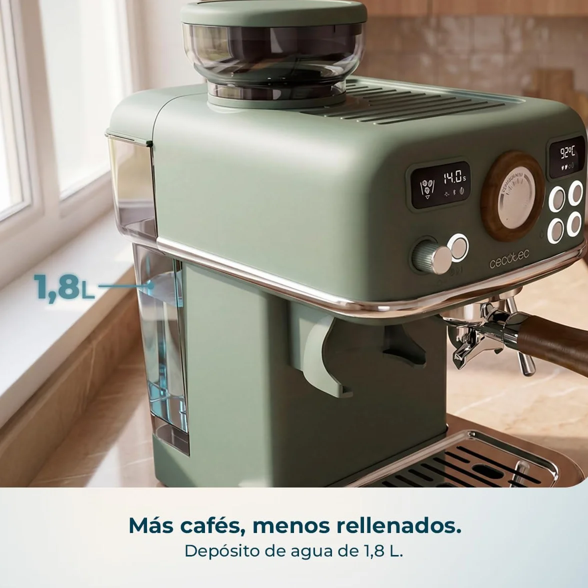 Cecotec Cafetera Express Manual Power Espresso 20 Tradizionale Grind. 1500W, Molinillo 20 Niveles, 20 Bares, PID, Thermoblock, Steamer, Cold Brew, Café Recién Molido con Crema Perfecta