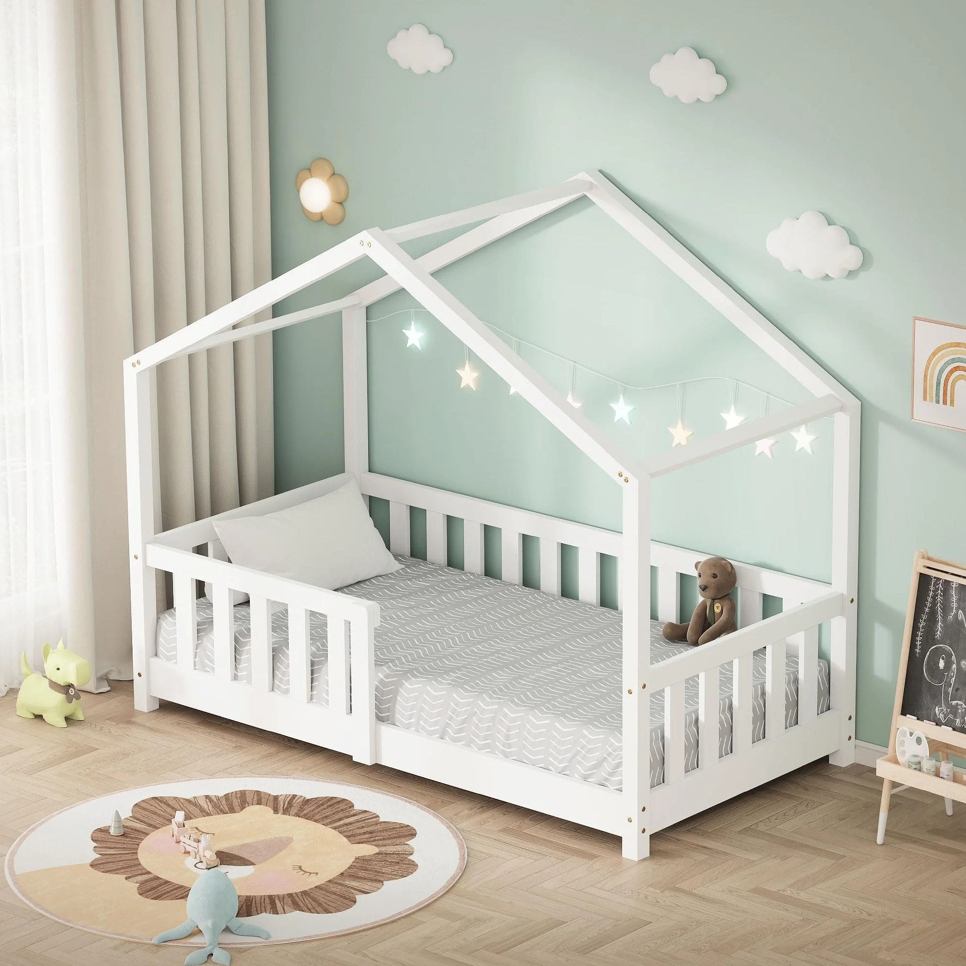 ML-Design Cama Infantil Casa 70x140 cm Madera Blanca Maciza de Pino, Casita Estilo Montessori con Somier de Láminas, Techo y Protección Anticaída, Cuna Baja de Suelo para Niños, Litera Junior