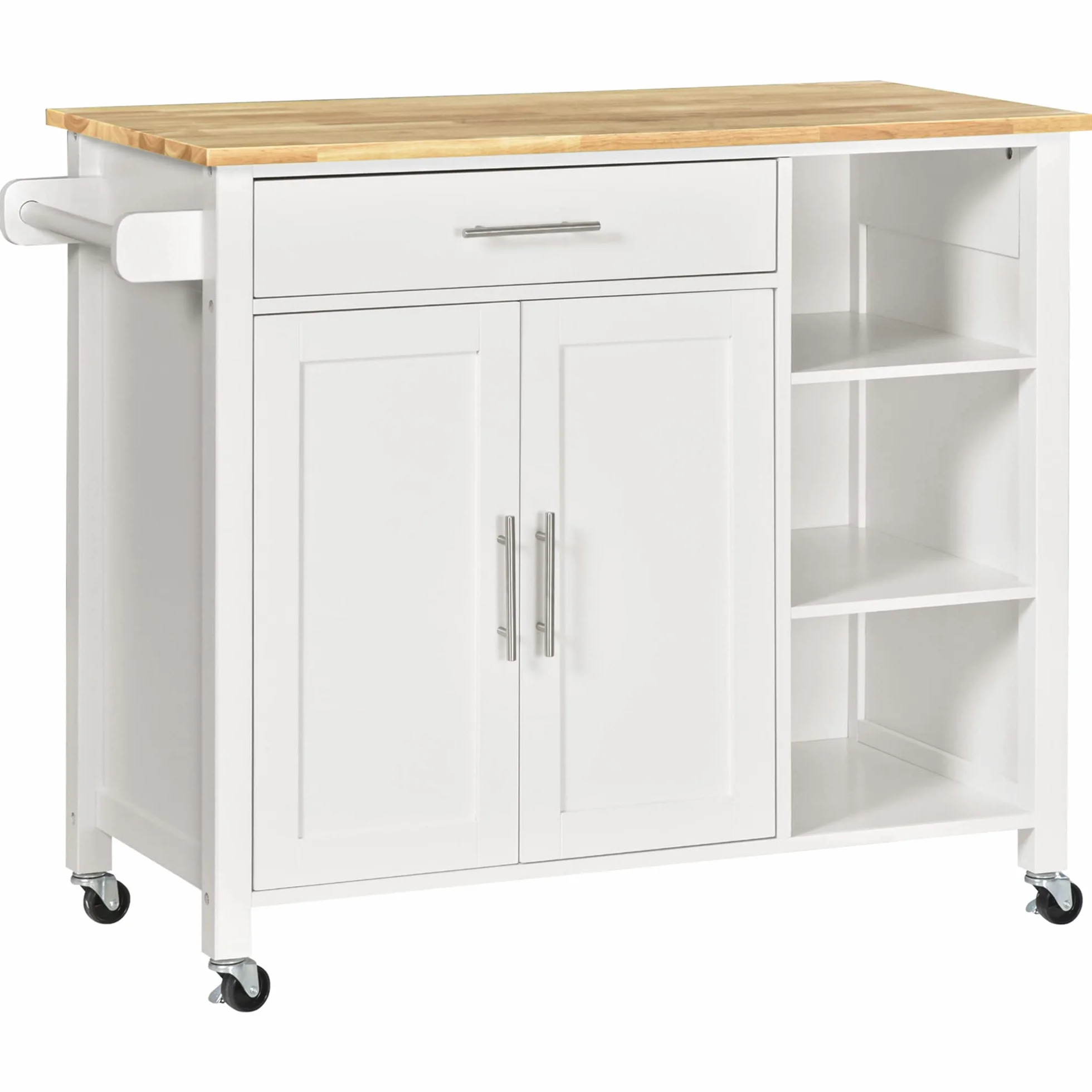 HOMCOM Isla de Cocina con Ruedas Mueble Auxiliar de Cocina con 1 Cajón 2 Puertas 3 Estantes Abiertos y Barra Lateral para Comedor 107,5x48x89 cm Blanco