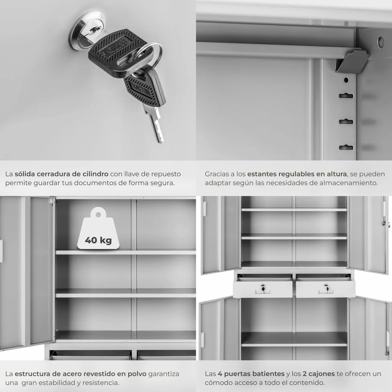 Armario Archivador Oficina Acero 180x80x40 cm Gris Claro 4 Puertas 2 Cajones 3 Estantes Ajustables