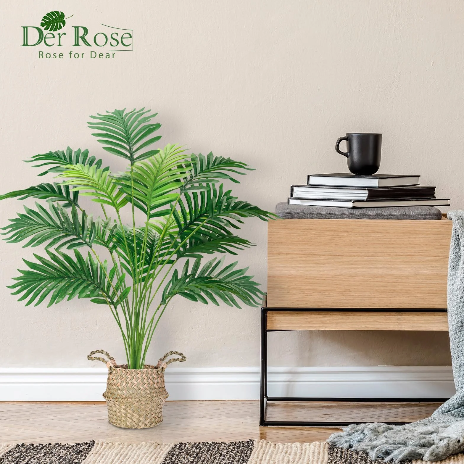 Der Rose Palmera falsa de 28 pulgadas, planta artificial en maceta alta con cesta tejida, decoración para interiores y exteriores