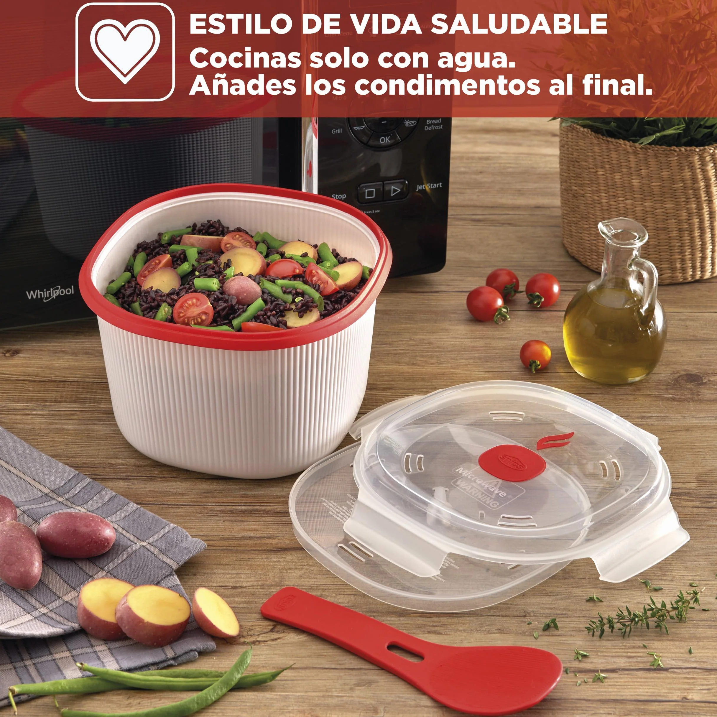 Olla Arrocera Microondas 2.70L Recipiente para Cocina al Vapor, Cereales & Rice Cooker con Espátula, Made in Italy