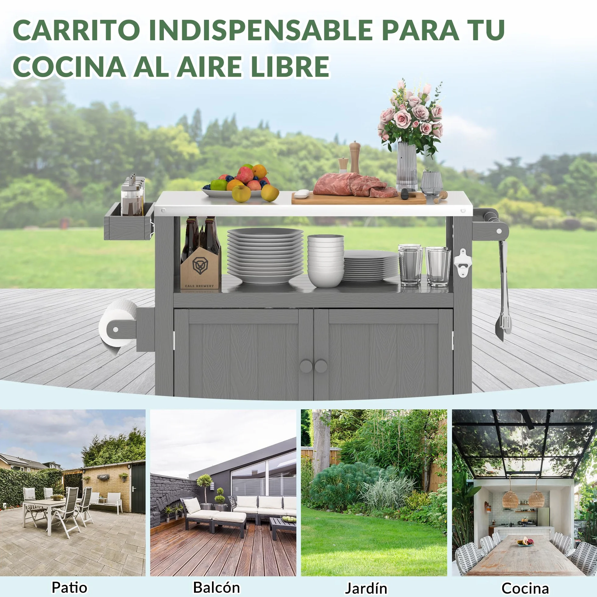 Isla de Cocina Exterior HIPS Impermeable con Top de Acero Inoxidable & Armario de Almacenamiento, Mesa de Preparación Móvil con Ruedas para Preparar Comida BBQ, Carrito de Grill Exterior para Fiestas