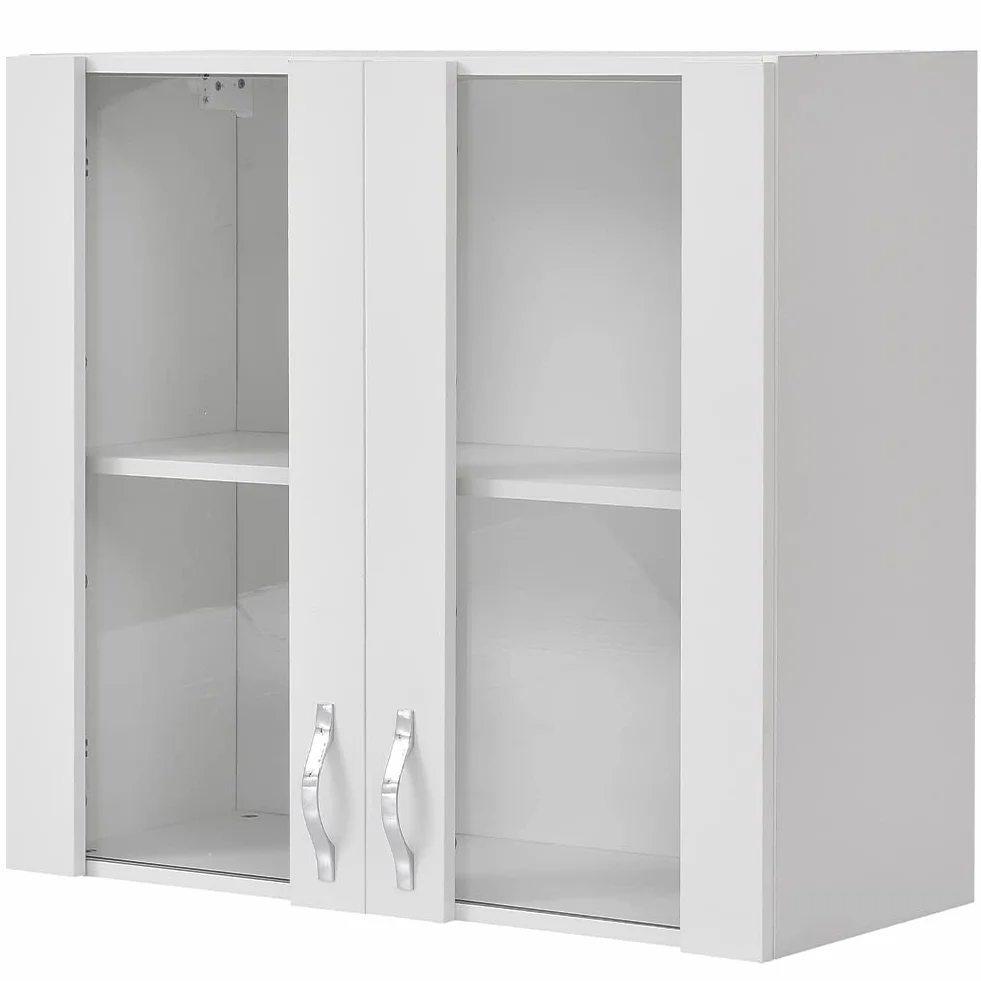 Shally Dogan Armario colgante de cocina con cristal, armario suspendido de pared acristalada de madera, dos puertas, 1 estante y 2 compartimentos, armario espacioso resistente,blanco, 80 x 32 x 72cm