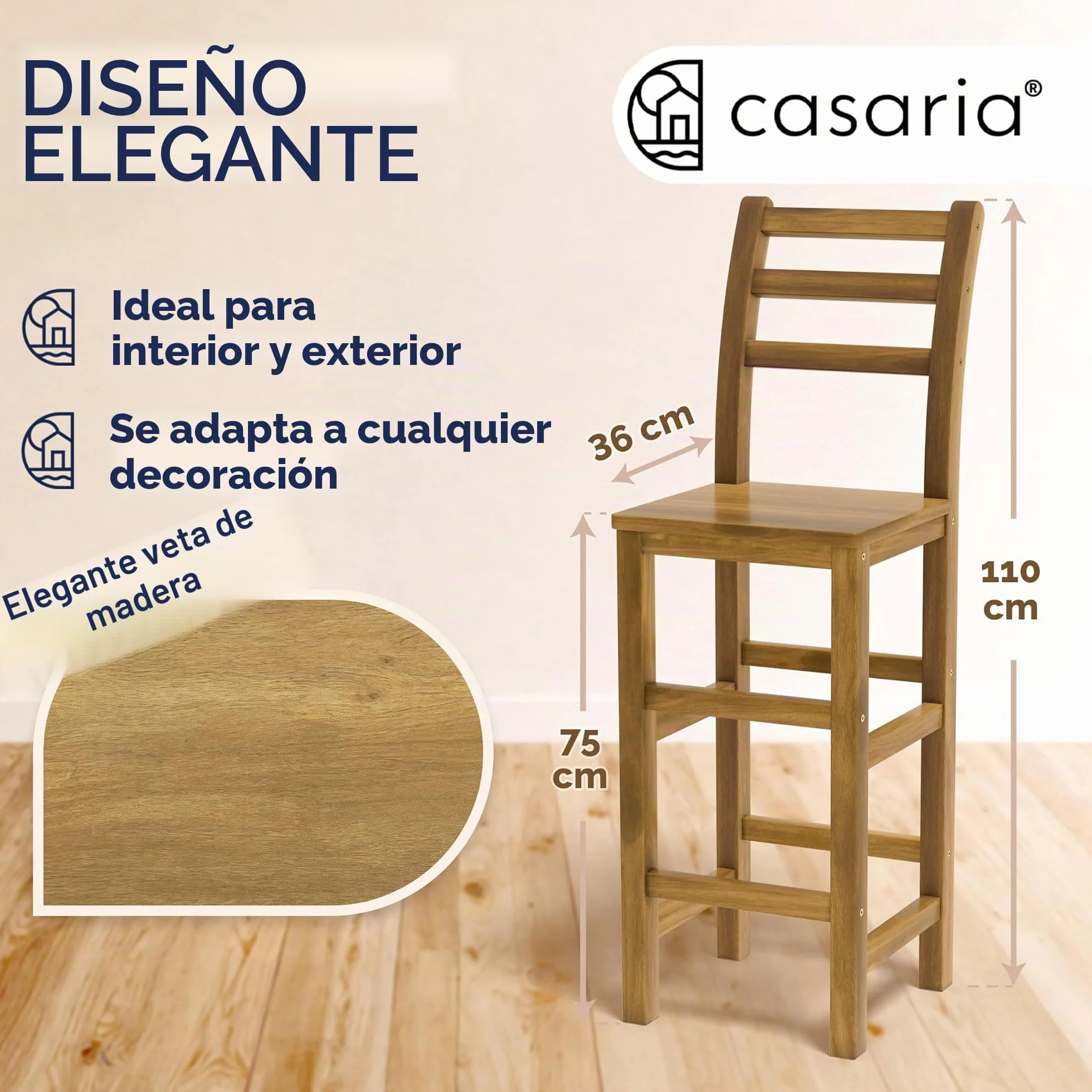 CASARIA® 2X Taburetes de Bar Altos con Respaldo Altura de Asiento 75cm Madera de Acacia Sillas de Cocina