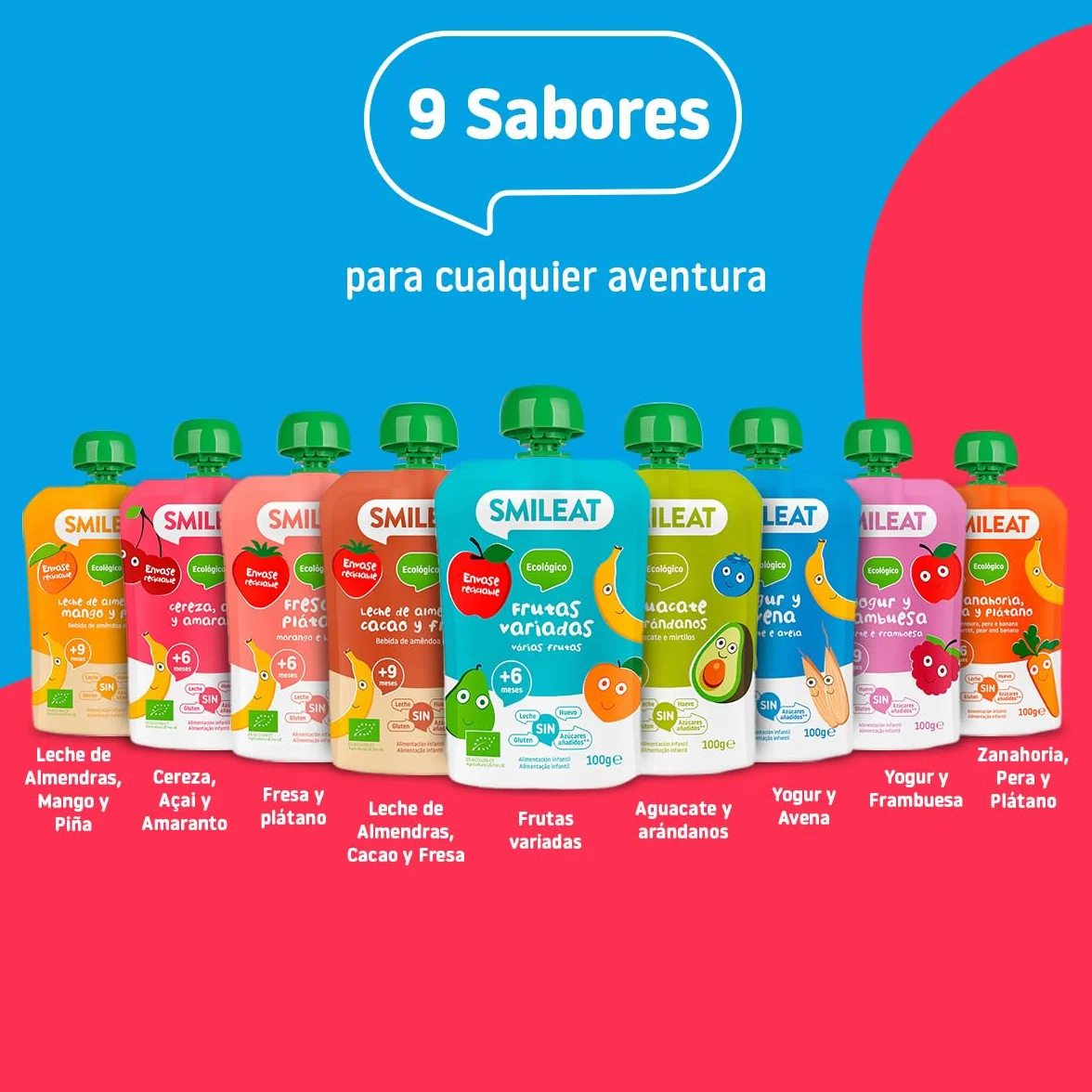 Smileat Pouch de Frutas Ecológicas Sin Sal ni Azúcar Añadido Sin Gluten Snack Práctico para Peques Sabor a Cereza Açai y Amaranto